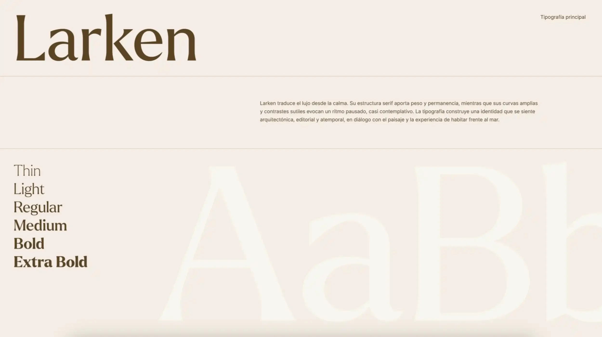 Beachwalk residences luxury real estate project typography guidelines showcase featuring the Larken serif font family, chosen by Brandt branding and marketing agency in Panama for a beach residencel brand identity.