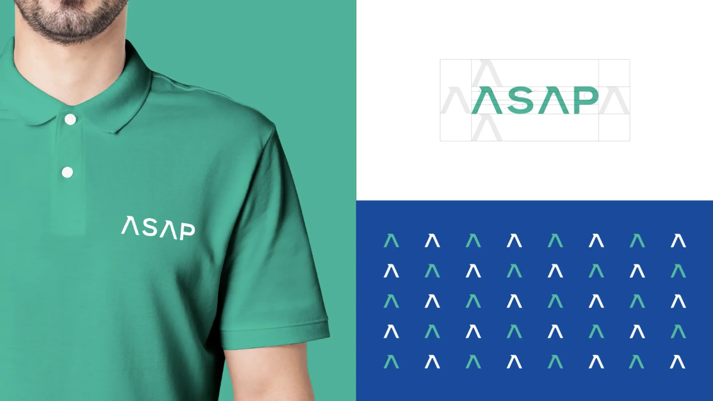 Teal polo shirt corporate uniform with ASAP logo, brand identity design grid, and brand pattern developed by Brandt branding agency in Panama.