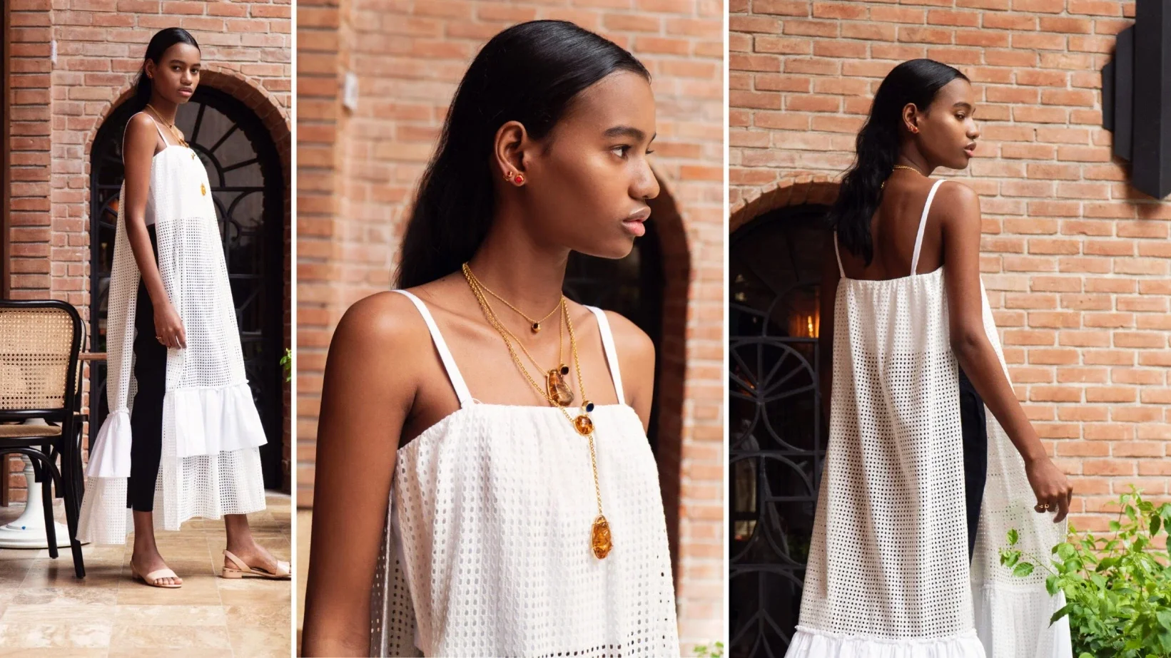 Maison 75 fashion campaign featuring a woman wearing a white dress and gold jewelry.