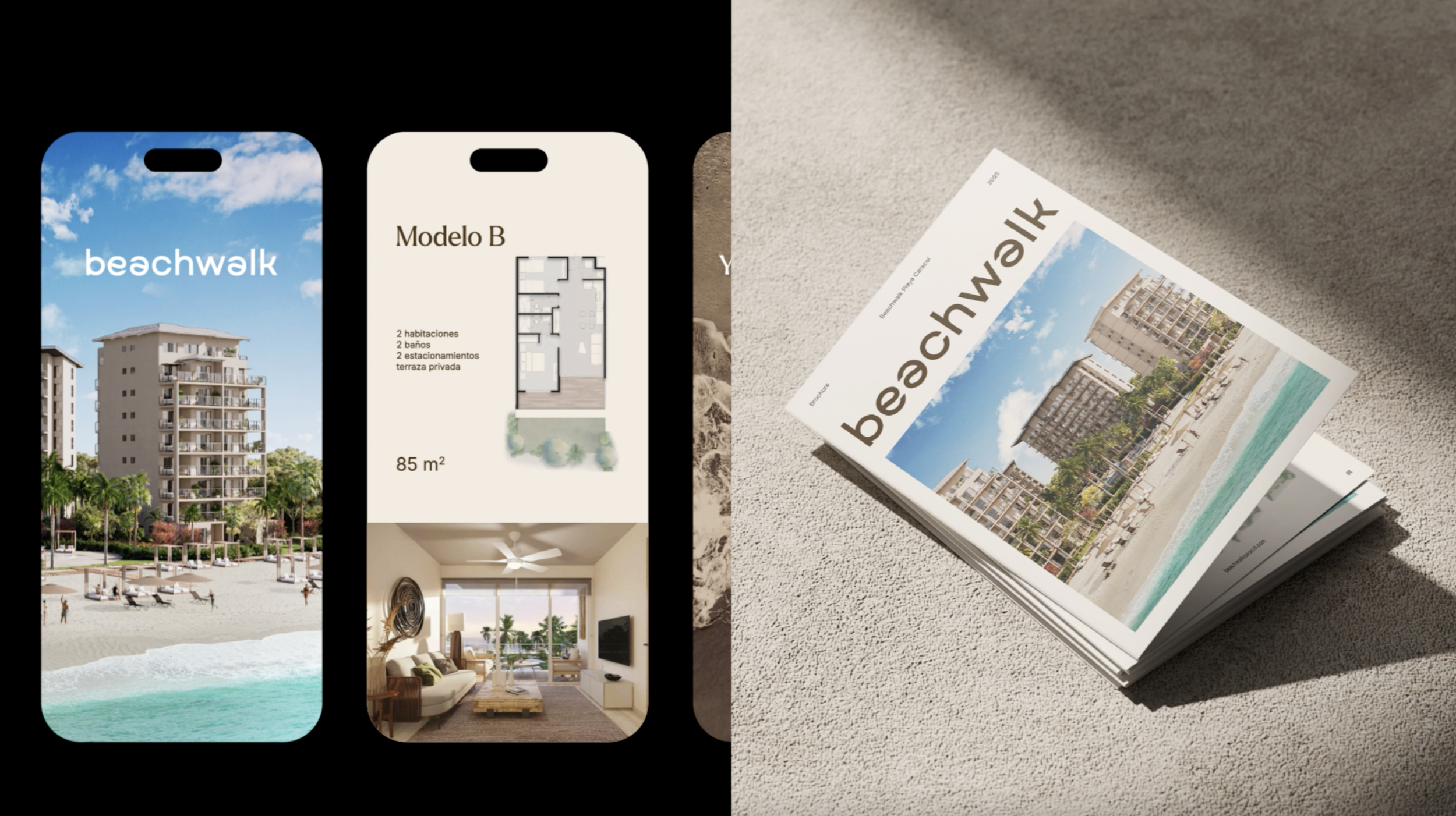Beachwalk real estate social media mockup design and brochure cover. Designed by Brandt, branding and marketing agency in Panama.