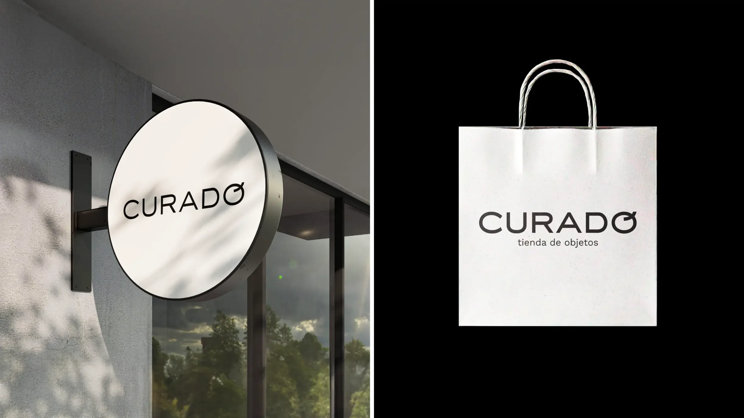 Circular exterior wall-mounted storefront sign mockup alongside a white paper boutique shopping bag with the Curado logo, engineered by Brandt branding and communication agency in Panama.