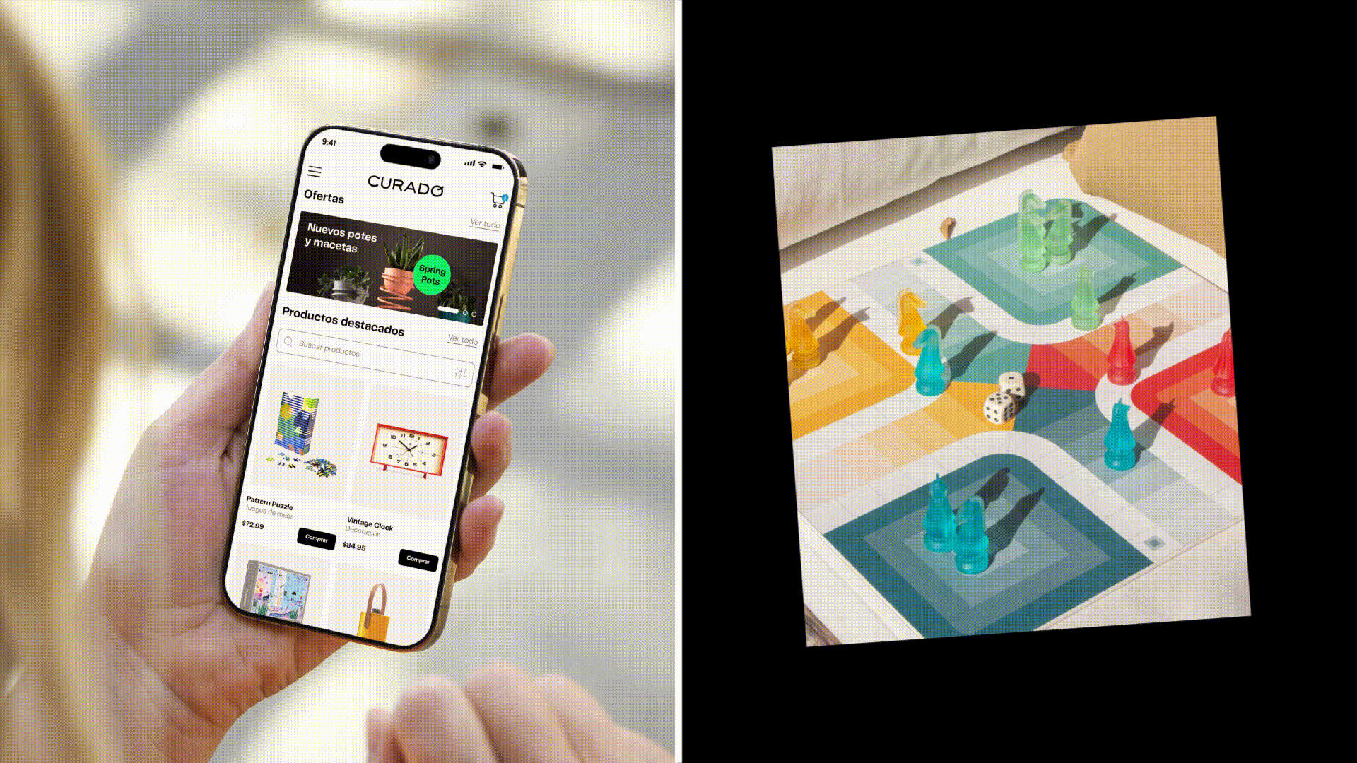An animated split-screen showcasing the Curado Shop e-commerce mobile website interface on an iPhone screen next to colorful lifestyle board game product photography, designed by Brandt branding agency in Panama