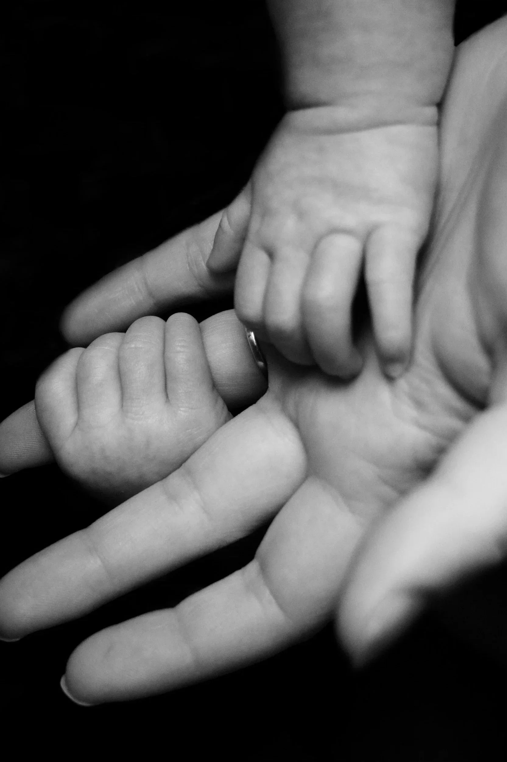 Close-up of two hands, an adult's and a child's, holding each other.