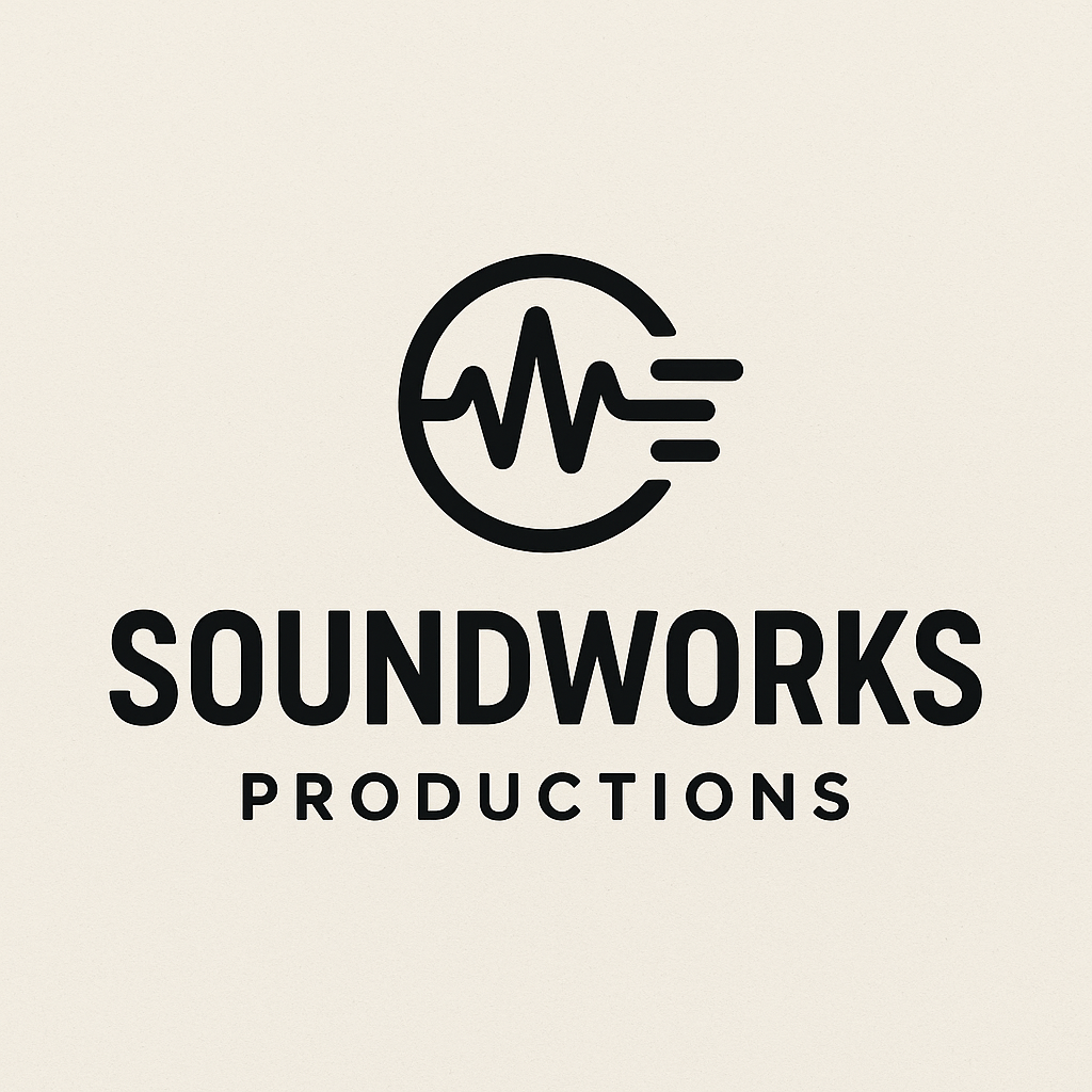 Black logo for Soundworks Productions featuring a circular icon with a sound wave and visual effects, with the company name written below.