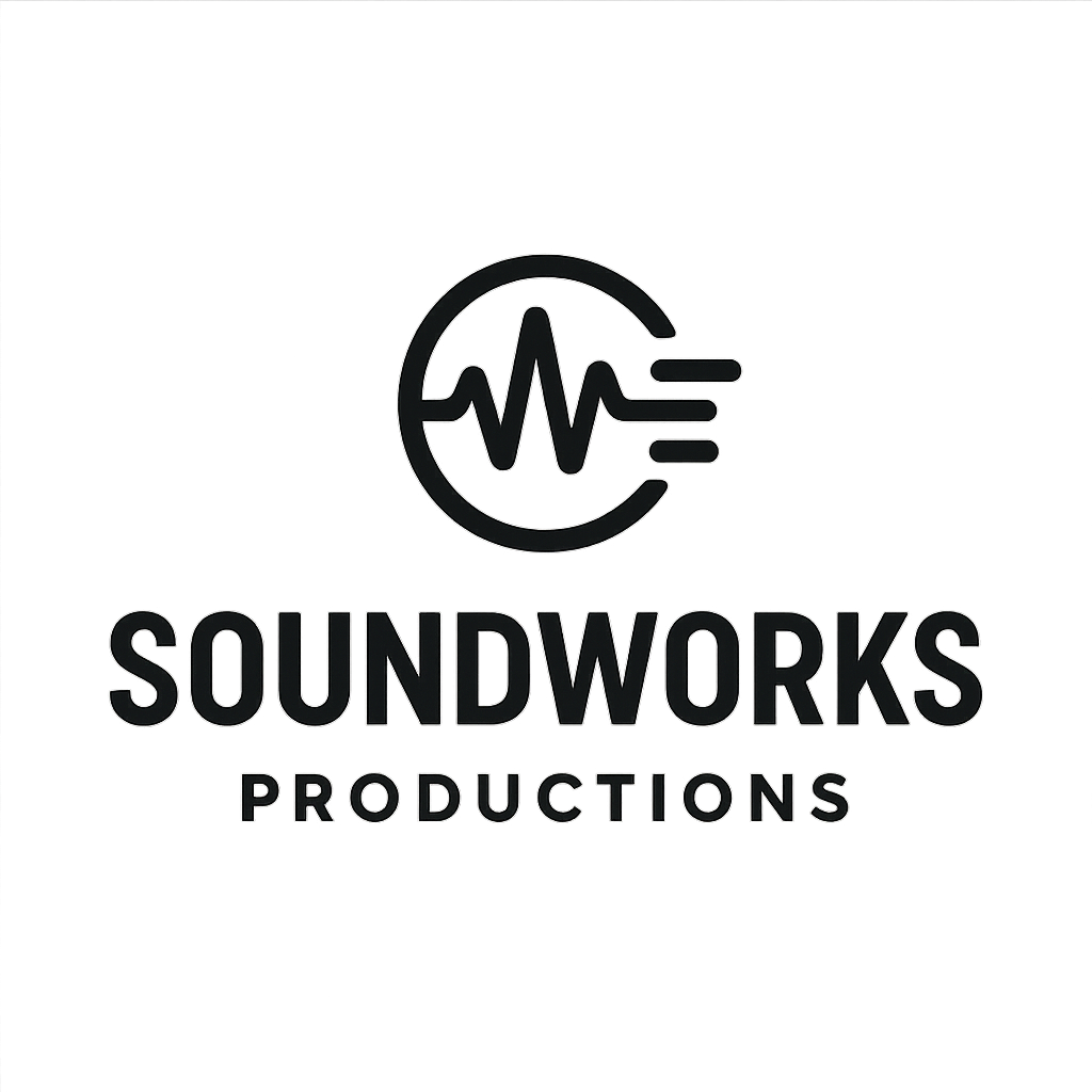 Logo for Soundworks Productions featuring a stylized sound wave inside a circle above the company name.