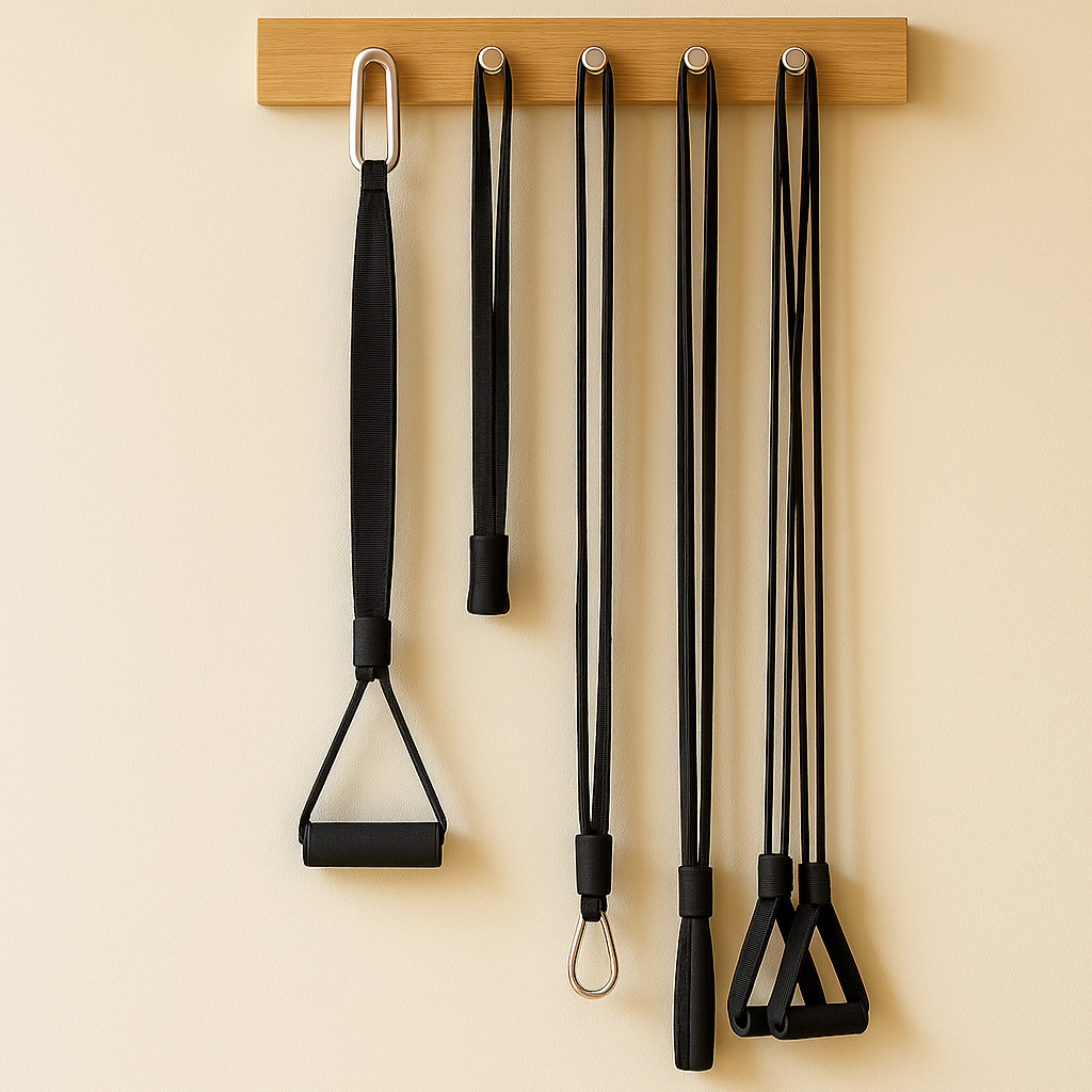 A wooden wall hook holding five black resistance bands of different lengths and thicknesses.