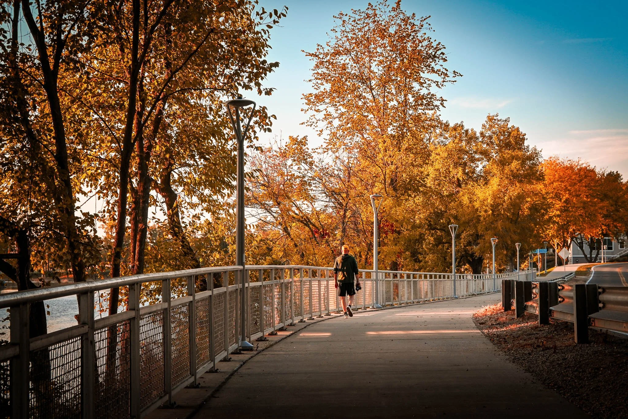 A person walking along a path lined with autumn-colored trees and street lamps during late afternoon or early evening.