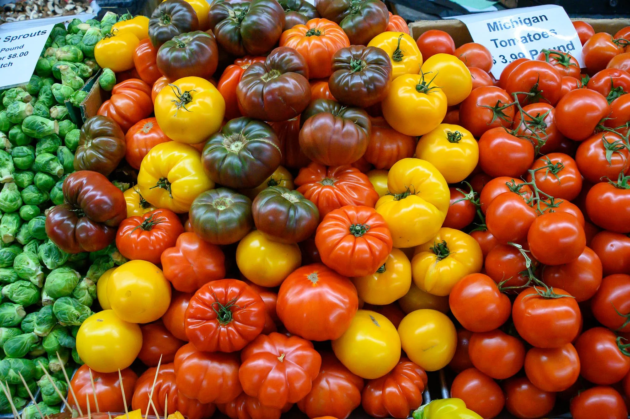 A variety of heirloom and regular tomatoes in red, yellow, green, and dark purple colors at a market stall.