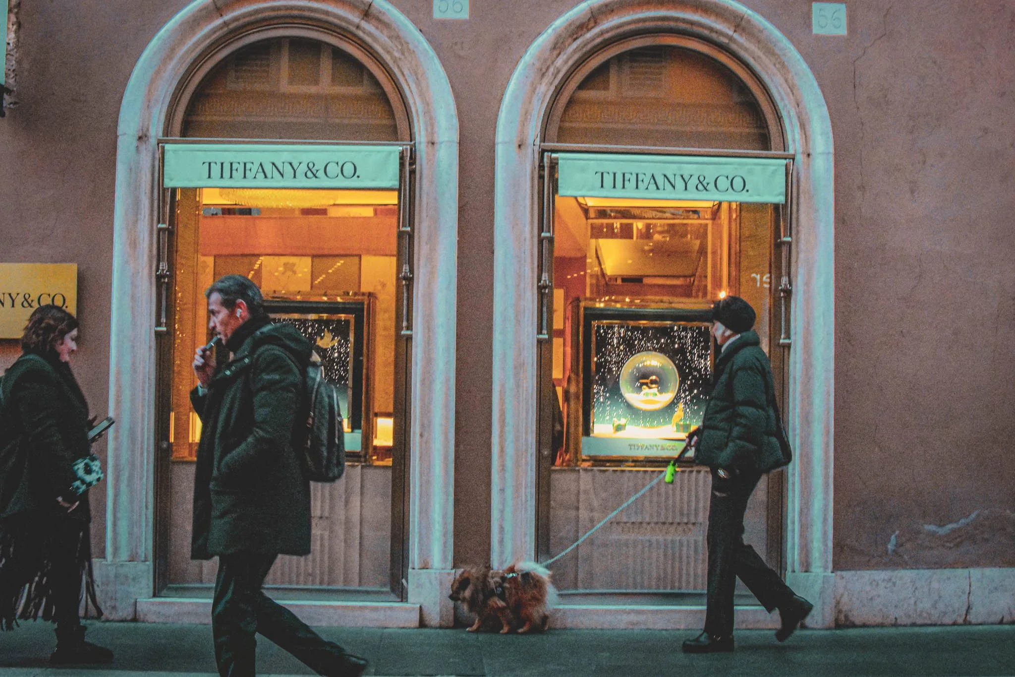 People walking past a Tiffany & Co. jewelry store window display at night, with two individuals visible. One person is smoking, and another is walking a dog. The store has arched windows and green awnings.