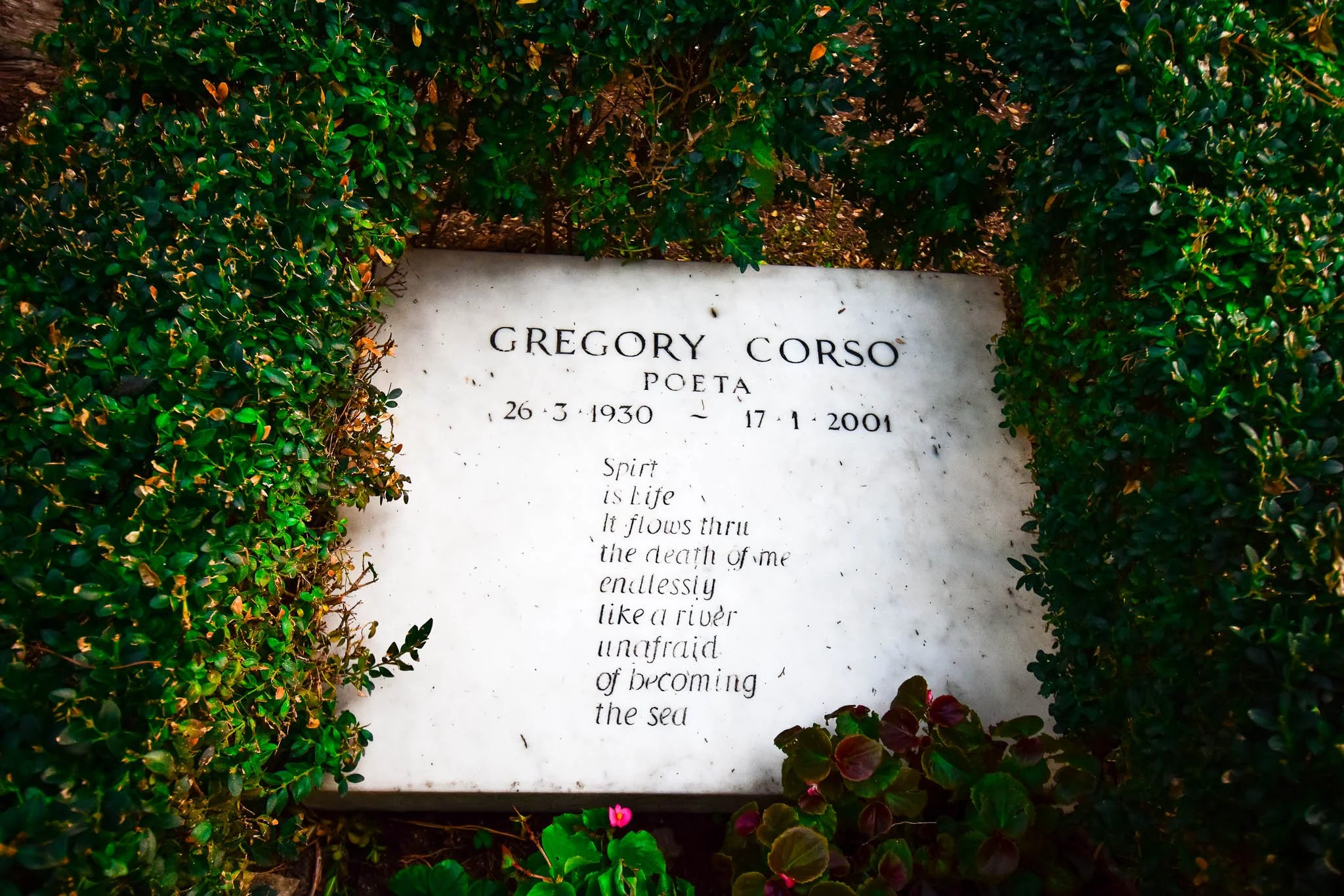 A memorial plaque for Gregory Corso, surrounded by green bushes and plants. The plaque includes his birth and death dates, 1930 and 2001, and features a poem about life, death, and the sea.