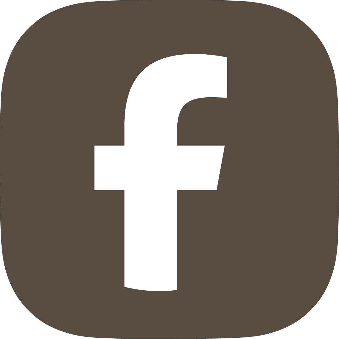 Facebook app icon with white 'f' on brown background.