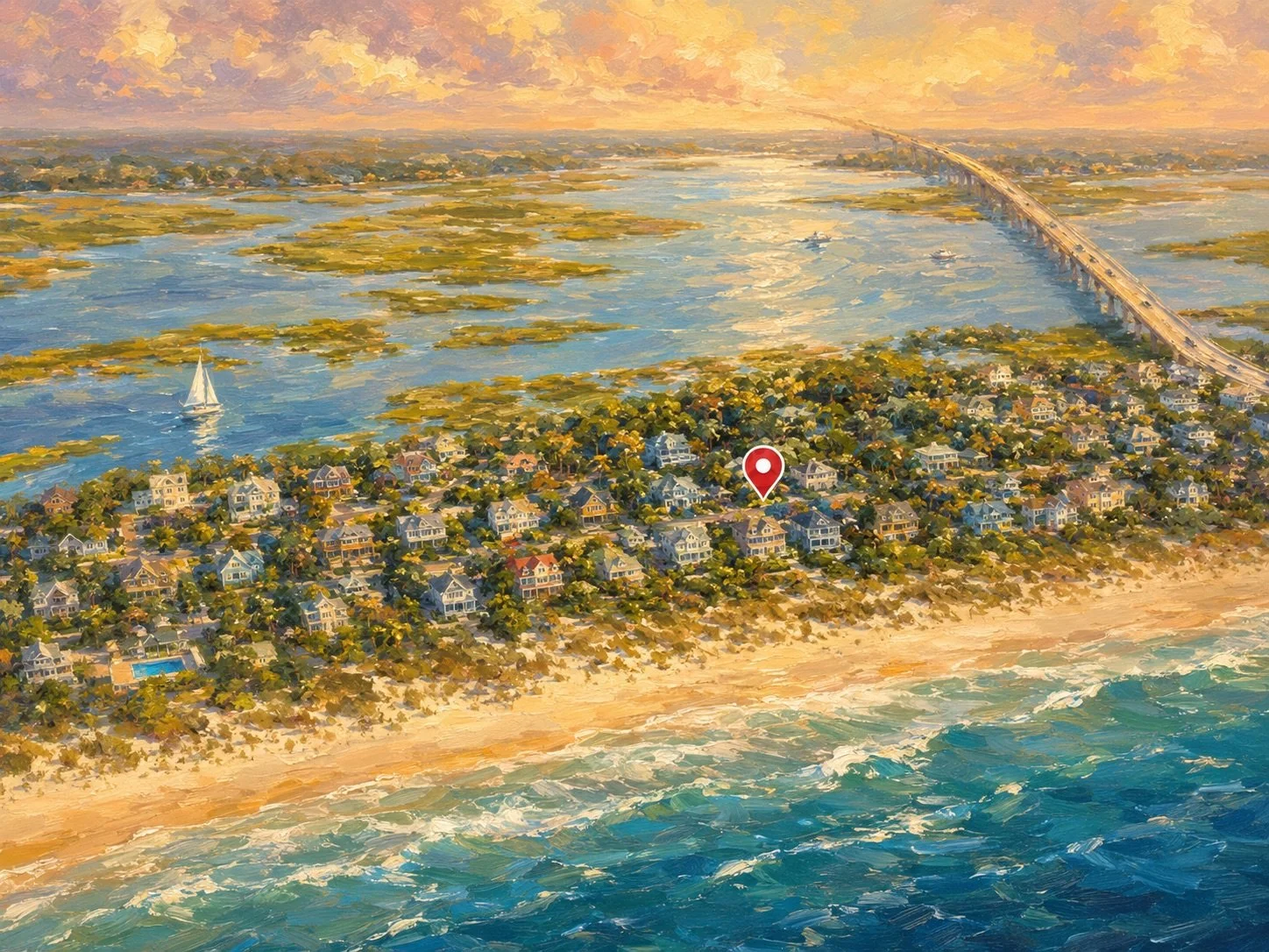 A painting of Emerald Isle North Carolina coastal area with a beach, houses, and a NC bridge