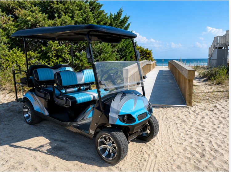 Complimentary 6-seat golf cart parked at the beach access in Emerald Isle, NC
