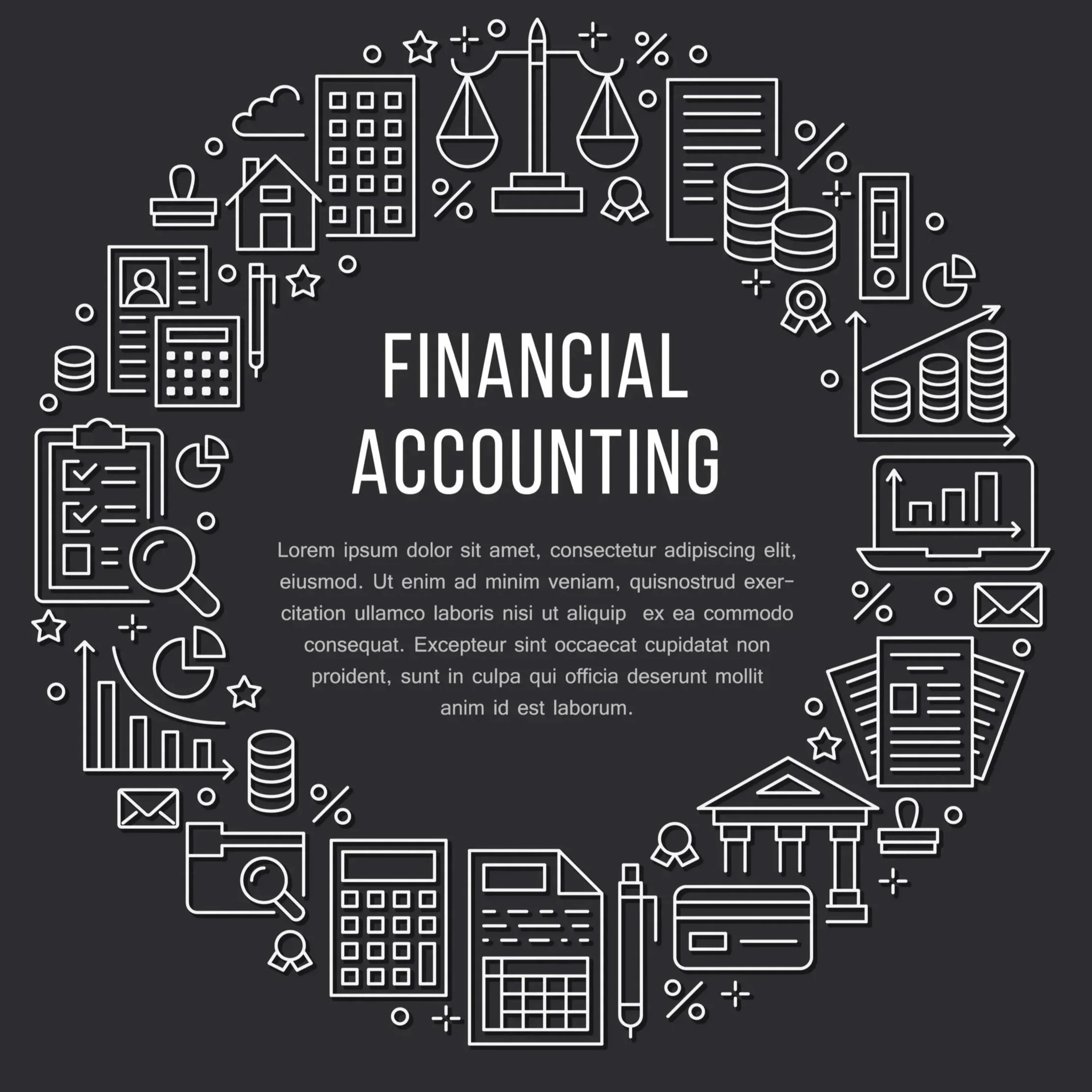 Illustration of various financial and accounting icons, such as a scale, calculator, graphs, documents, and a bank building, surrounding the text 'Financial Accounting.'
