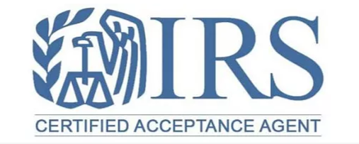 IRS Certified Acceptance Agent logo with a feathered scale and a sword enclosed in a shield.