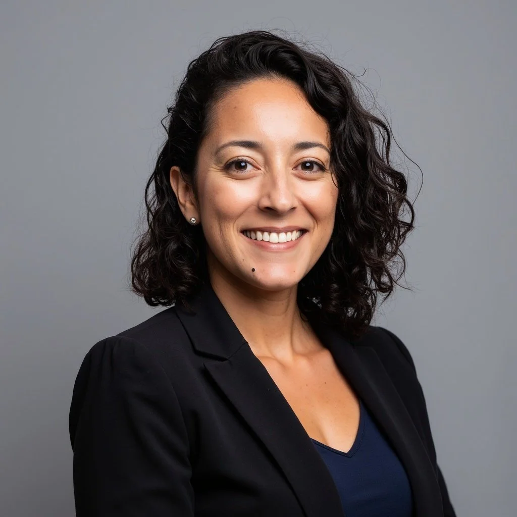A smiling woman with dark, curly hair wearing a black blazer and a navy top, posing against a plain gray background.