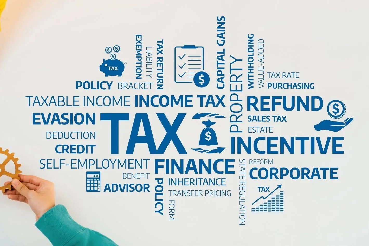 A word cloud related to taxes, including terms like tax, income tax, refund, evasion, deduction, credit, finance, corporate, incentive, policy, inheritance, transfer pricing, self-employment, advisor, estate, sales tax, tax rate, purchasing, and regulations. The words are mostly in blue, with some icons like a piggy bank, dollar sign, hand holding a coin, and graph.