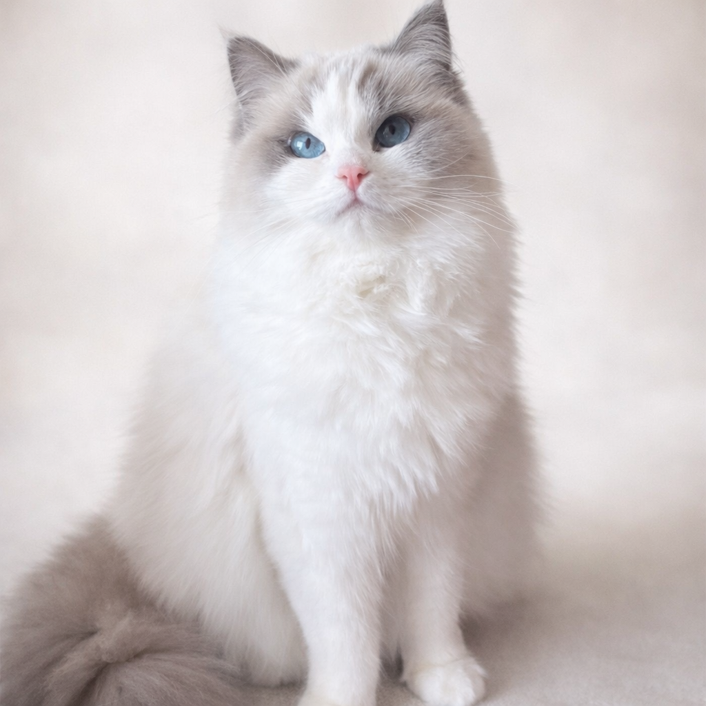 A fluffy white cat with blue eyes and gray markings on its face sitting on a plain background.
