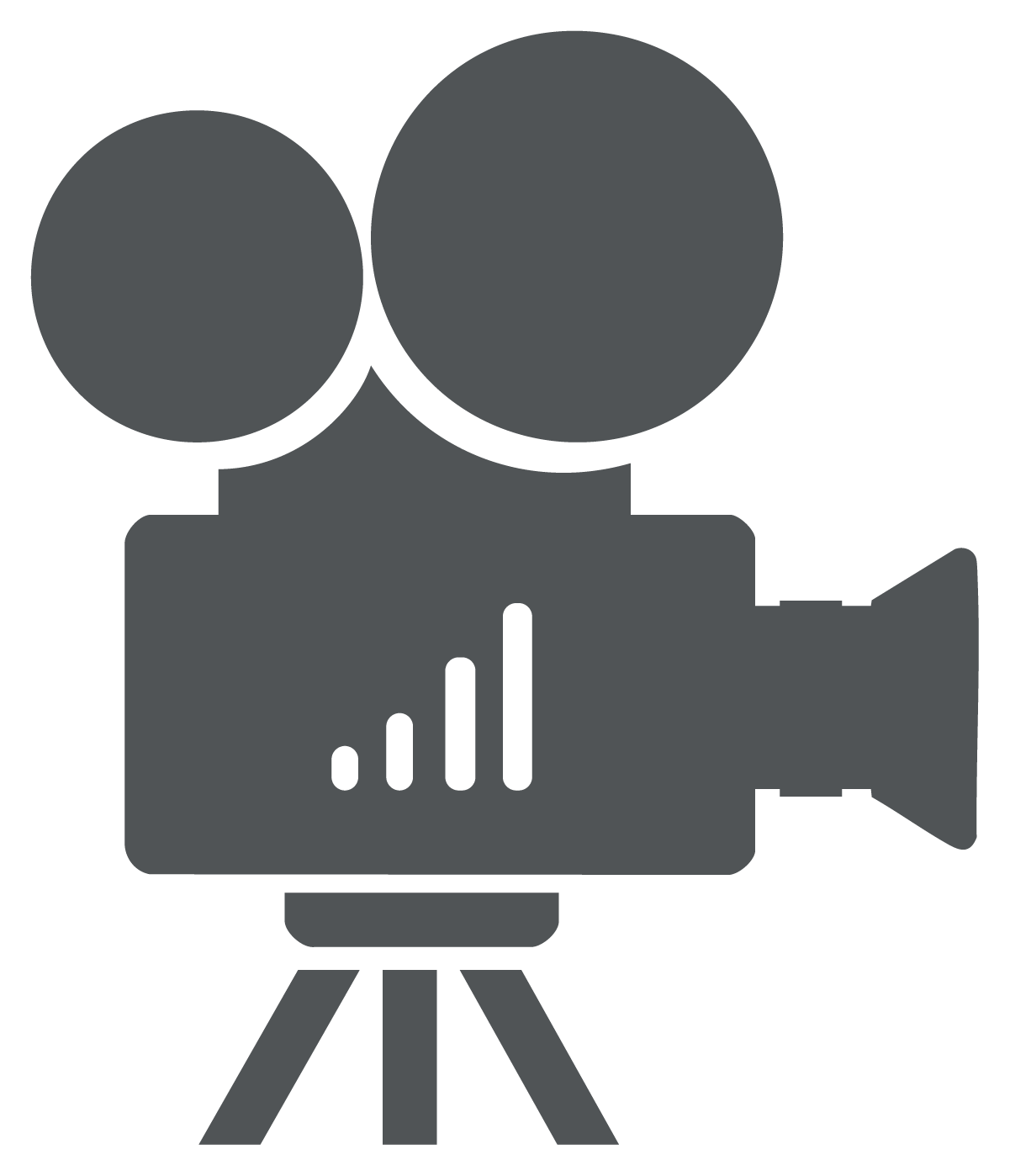 Icon of a vintage film camera with two large reels, a body with a bar chart, and three legs on a tripod part of the AVAIL brand.