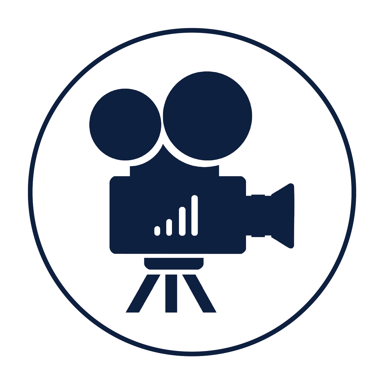 Icon of a vintage film camera with two reels on top, on a tripod, inside a circular border.