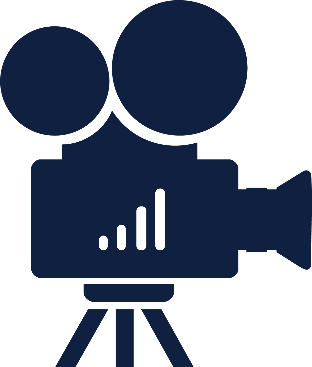 Silhouette of a vintage film camera with two reels on top, a lens on the right side, and a tripod stand.