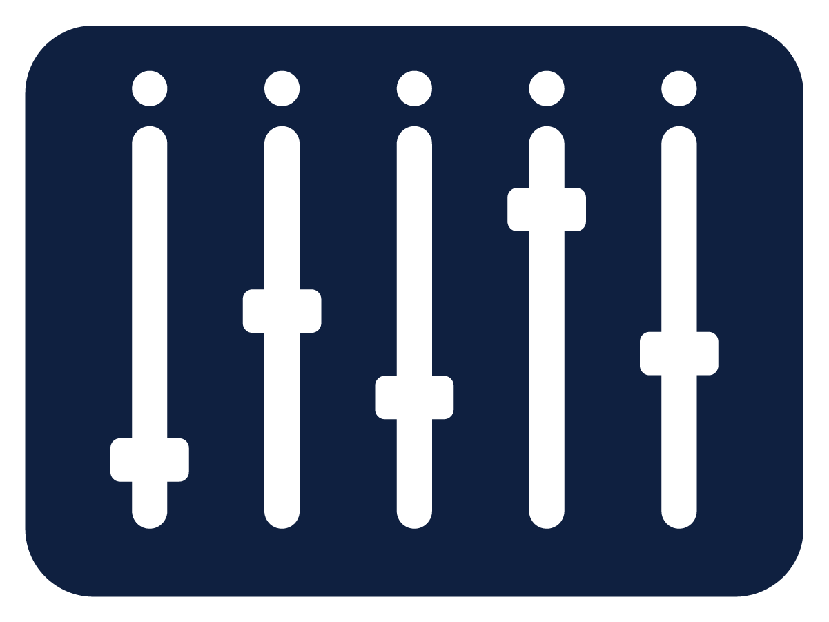 Icon of a loudspeaker with five vertical sliders part of the AVAIL brand.