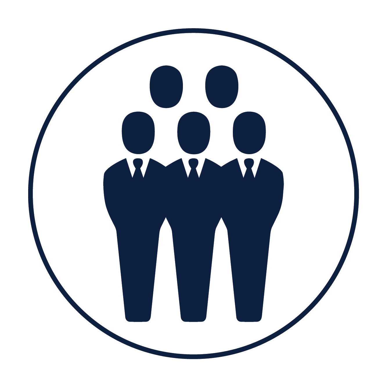 Icon of five business professionals with oval faces, dotted noses, wearing suits and ties, arranged in a pyramid with three at the top and two below, enclosed in a circular border.