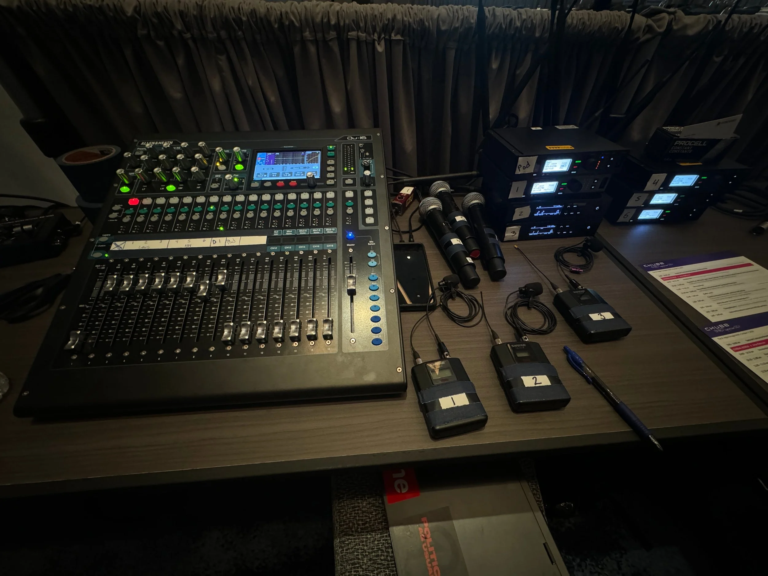 A sound mixing console with various knobs, sliders, and an LCD screen, along with microphones, wireless receivers, cables, and printed materials on a table.