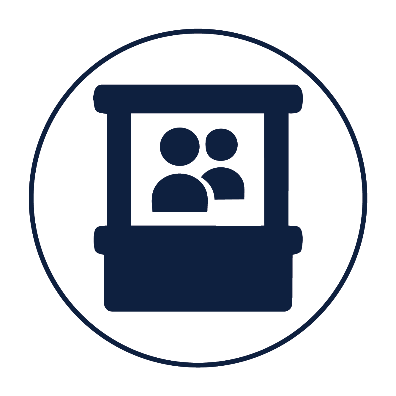 Icon with two stylized human figures inside a square with rounded corners, enclosed in a circle outline.