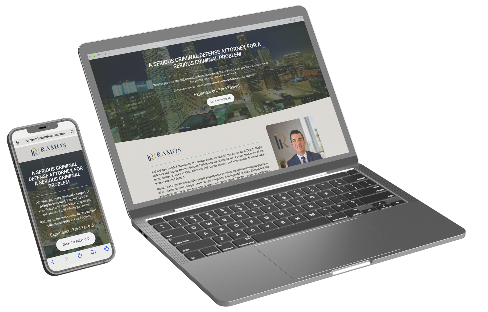 Laptop and smartphone displaying a criminal defense attorney's website with cityscape background, white and navy blue text, and a professional portrait of a man in a suit.