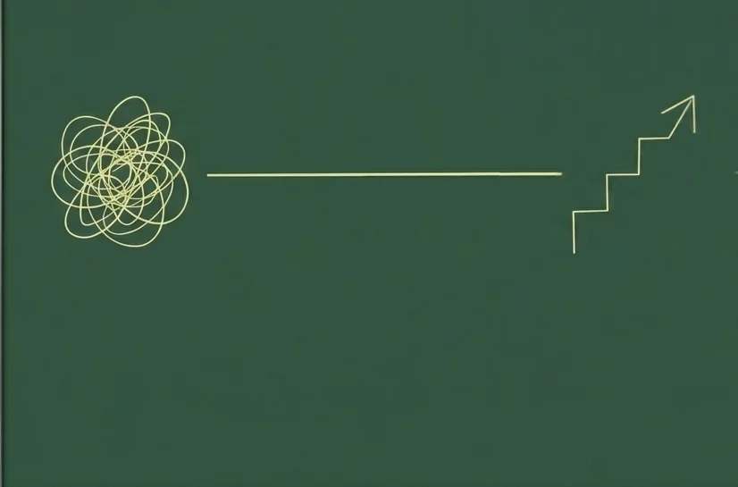 Illustrative line drawing depicting transition from misaligned storytelling and operations to structured process for sustainable growth