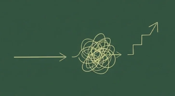 Line art illustration depicting the "messy middle" between funding and scale