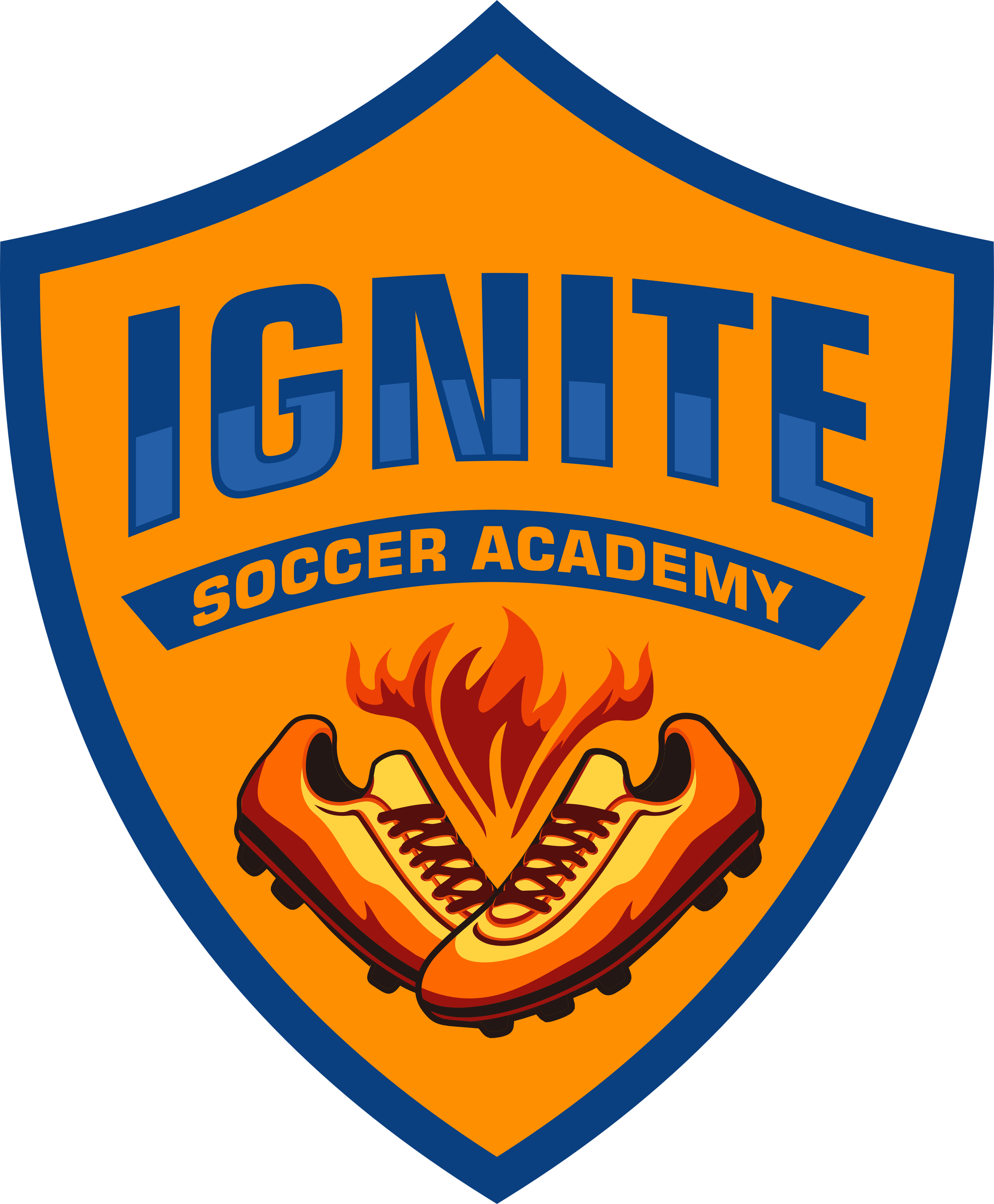 Shield-shaped logo for Ignite Soccer Academy featuring stylized orange soccer cleats with flames and the academy's name in bold blue and orange lettering.
