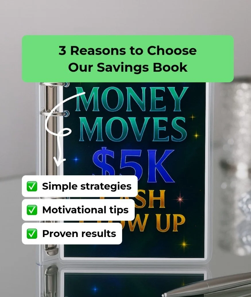 A promotional poster for a savings book titled 'Money Moves $5K Cash Win Up'. The poster highlights three reasons to choose the book: simple strategies, motivational tips, and proven results, with green checkmarks next to each reason.
