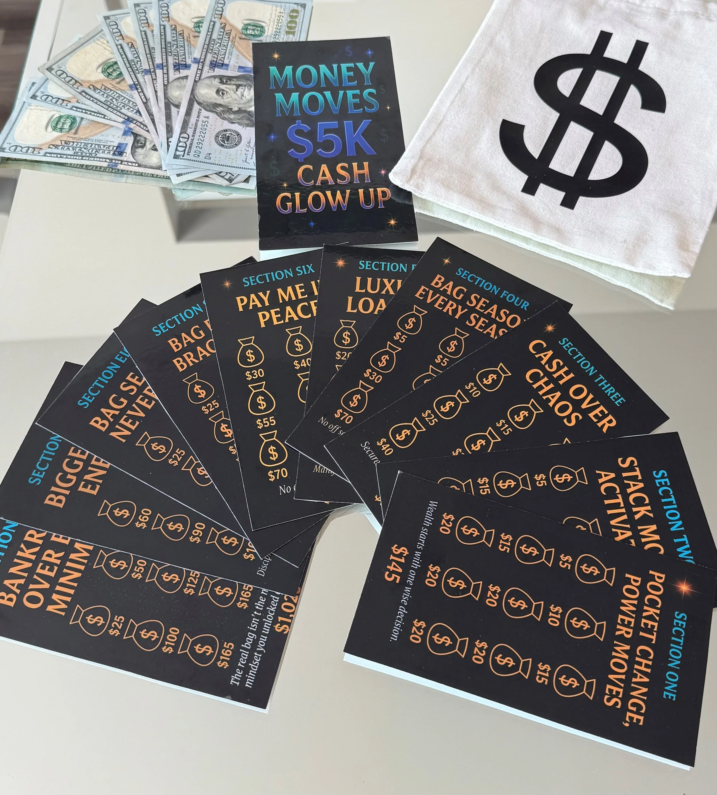 Arrangement of five-dollar bills, promotional materials with text about money moves up to five thousand dollars, and pamphlets featuring different sections of financial advice like saving, investing, and managing cash chaos, on a white surface with a cloth displaying a dollar sign.