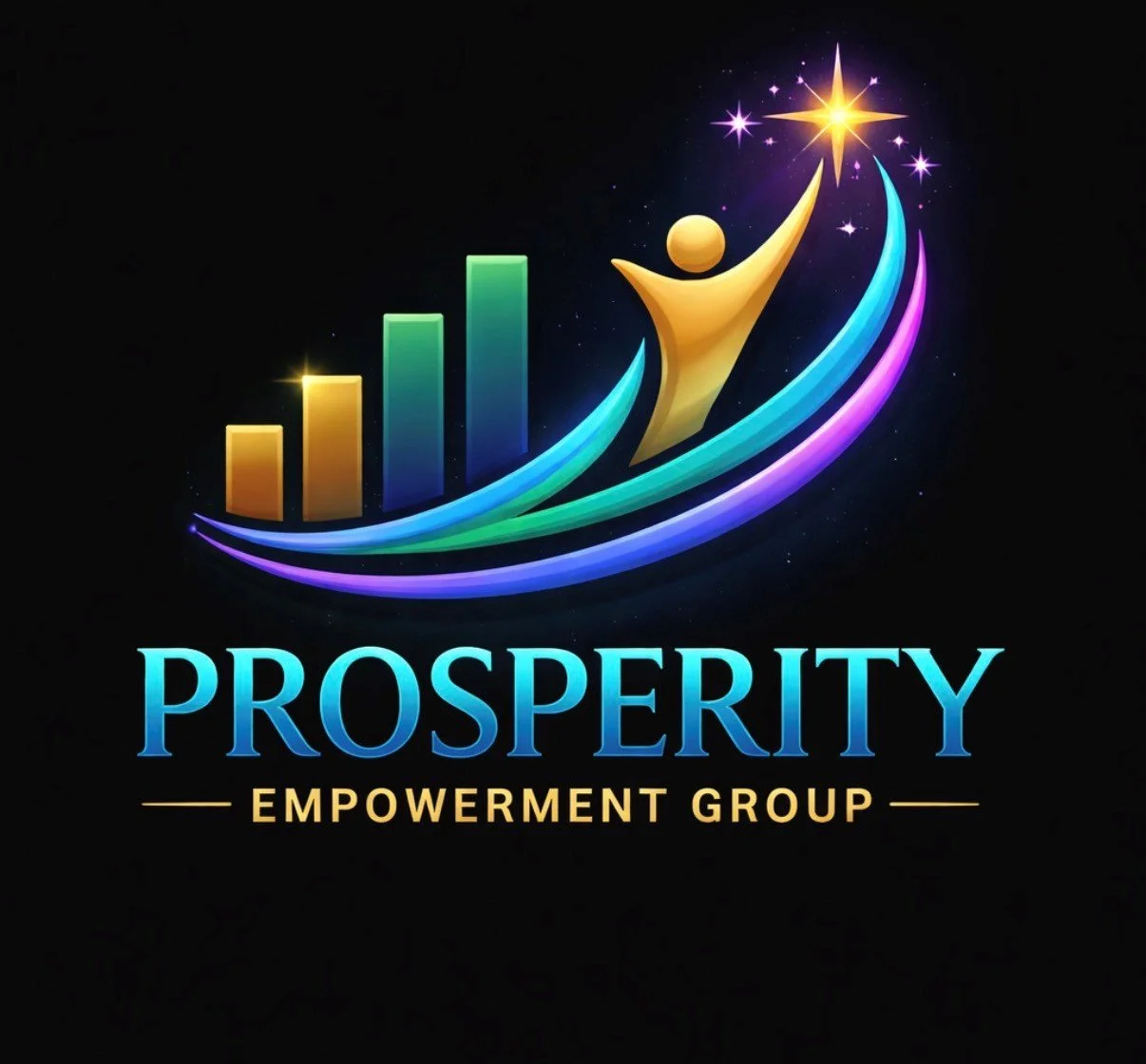 Colorful logo for Prosperity Empowerment Group, featuring a smiling figure reaching for a bright star with a glowing bar graph background and vibrant curved lines.