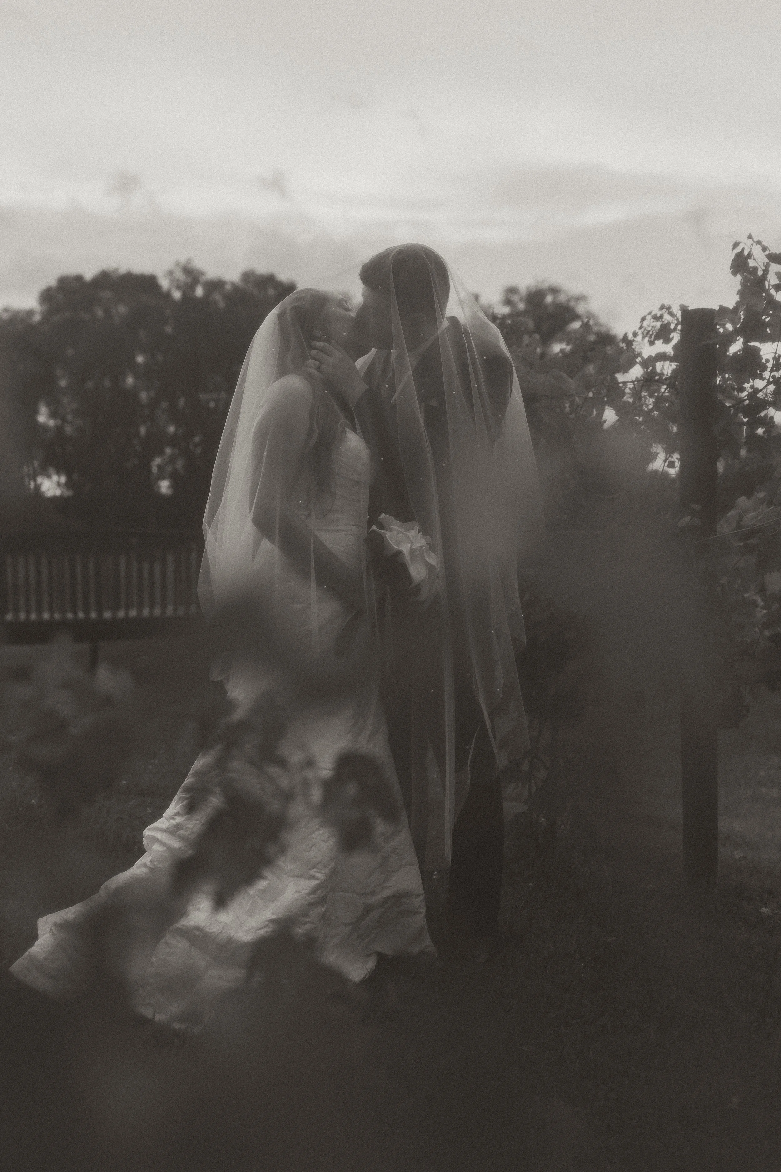 Black and white photo of a couple in wedding attire sharing a kiss outdoors, with trees and a cloudy sky in the background.