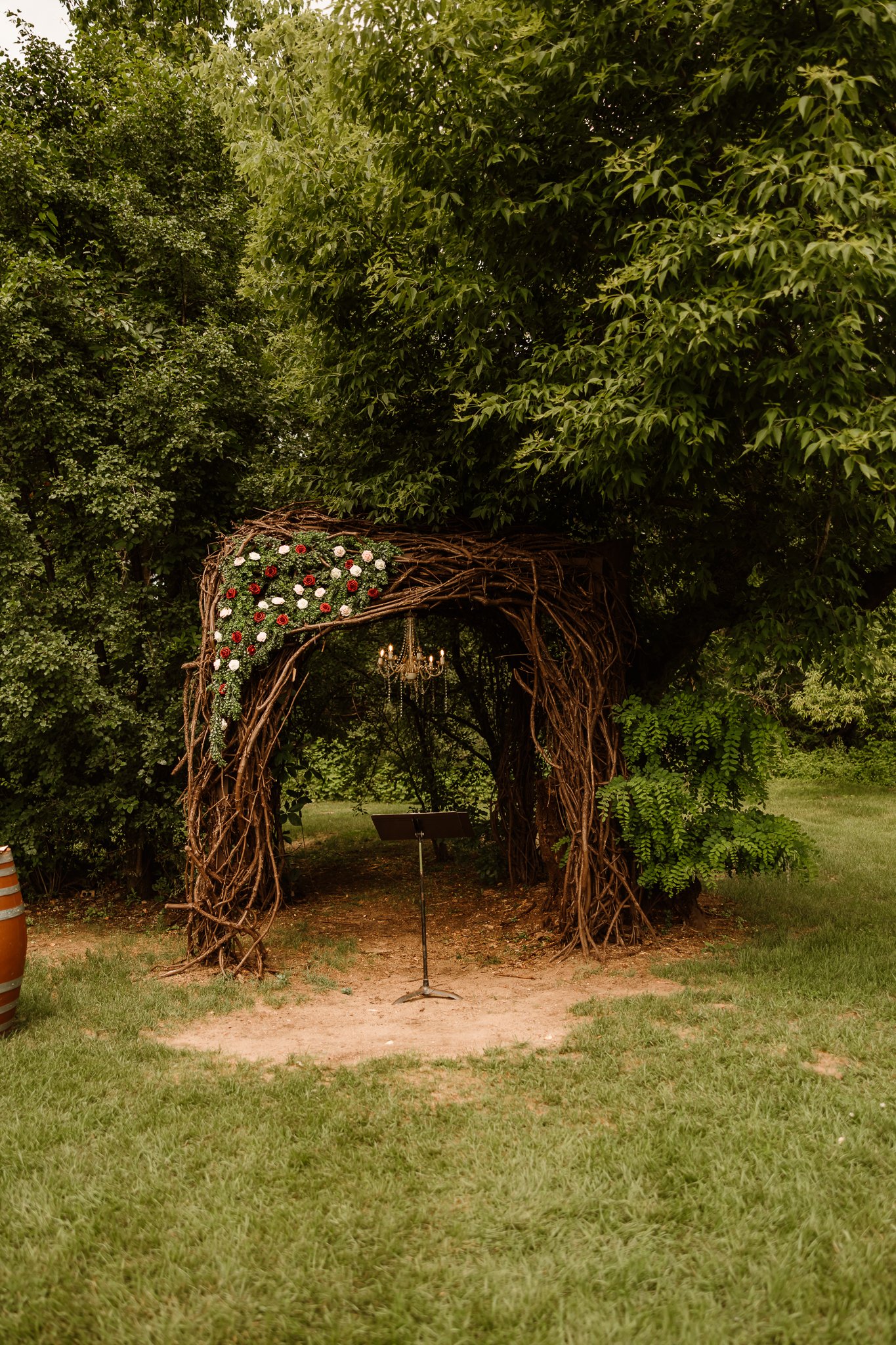 A wedding arch made from intertwined tree branches, decorated with red and white flowers, with a chandelier hanging inside, set in a lush green outdoor area.