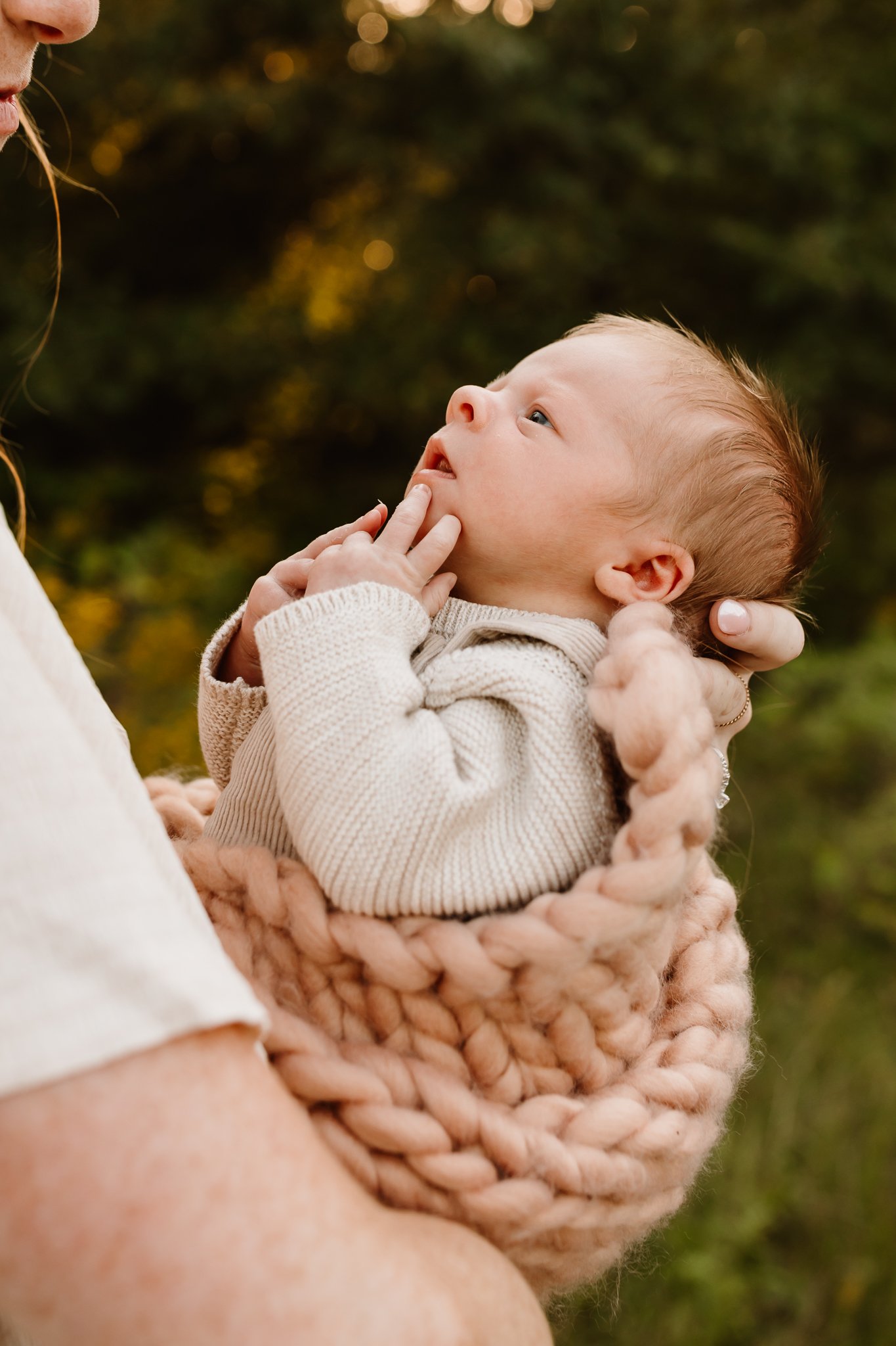 A baby being held in an adult's hands wrapped in a pink knitted blanket outdoors, with a background of trees and warm sunlight.