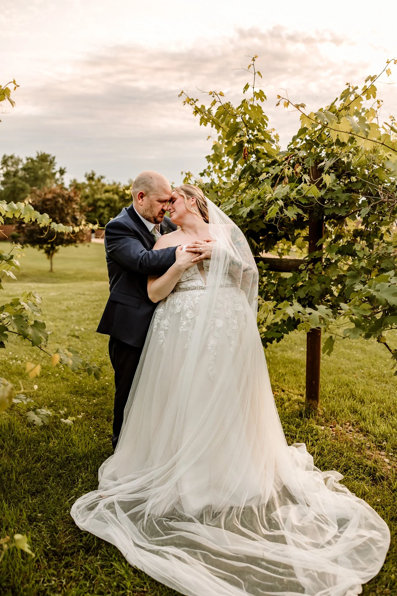 A bride and groom embrace outdoors near a grapevine, the bride wearing a white wedding gown with a long veil, and the groom in a dark suit, touching foreheads.