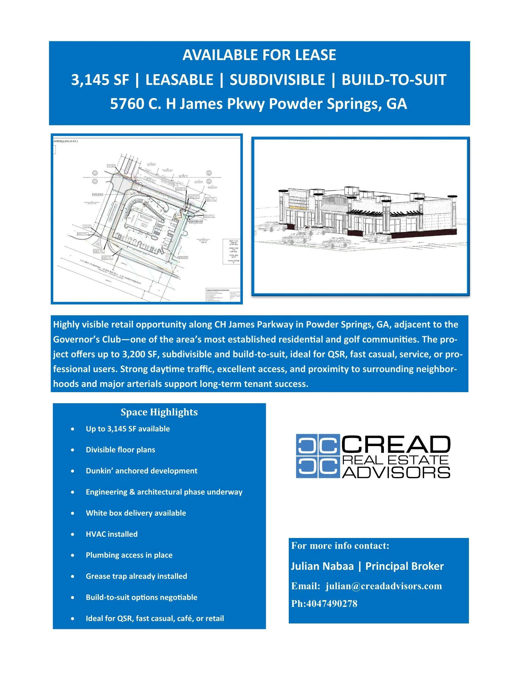 A real estate advertisement for lease space at 5760 C. H James Parkway in Powder Springs, GA, including floor plans and architectural drawings, with details about the property features and contact information for Julian Nabaa of Cred Advisors.