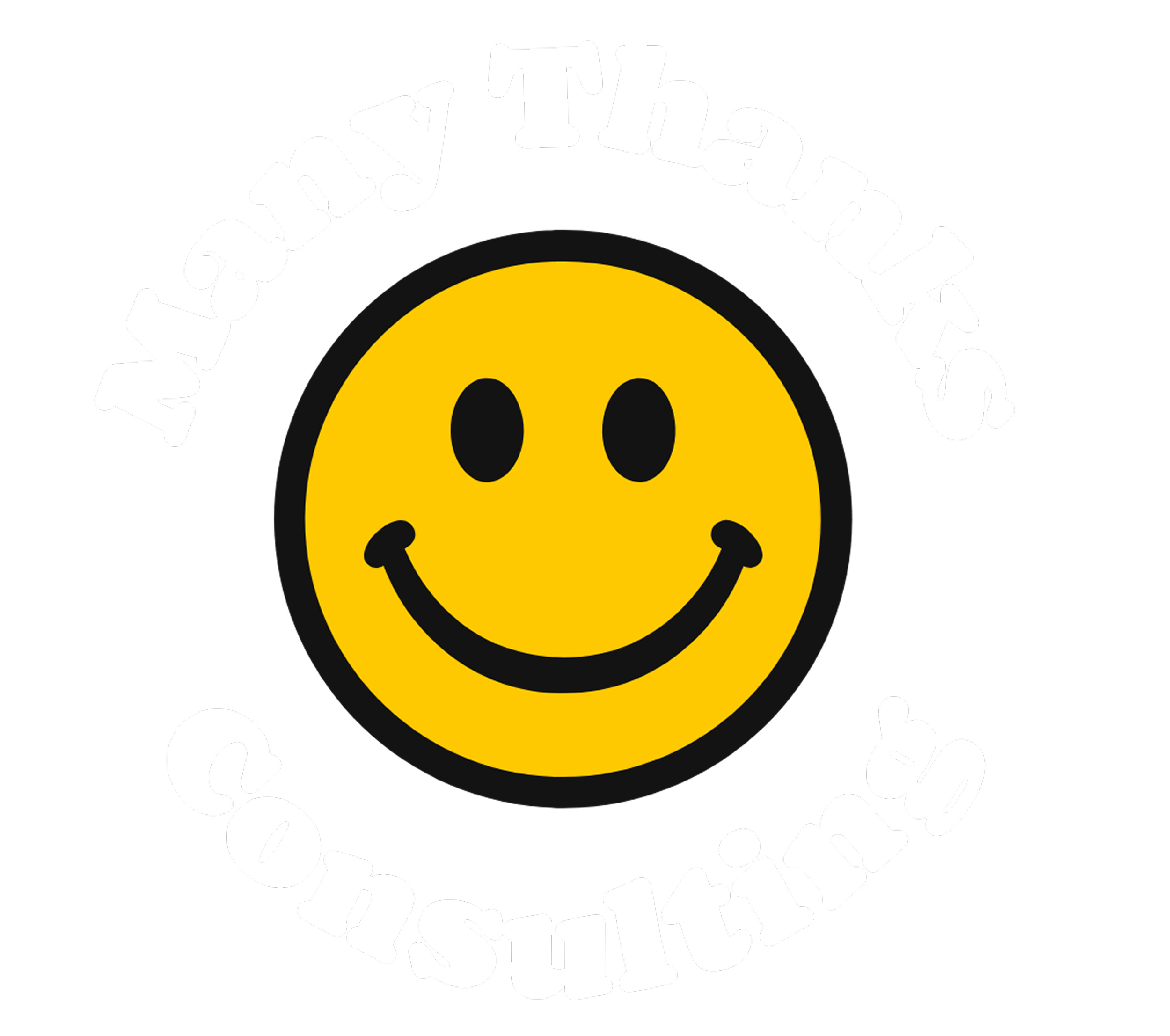 A yellow smiley face with black eyes and a black curved smiling mouth. The smiley is surrounded by the text ‘Maybe Thanks Consciousness’ in white, curved around it.