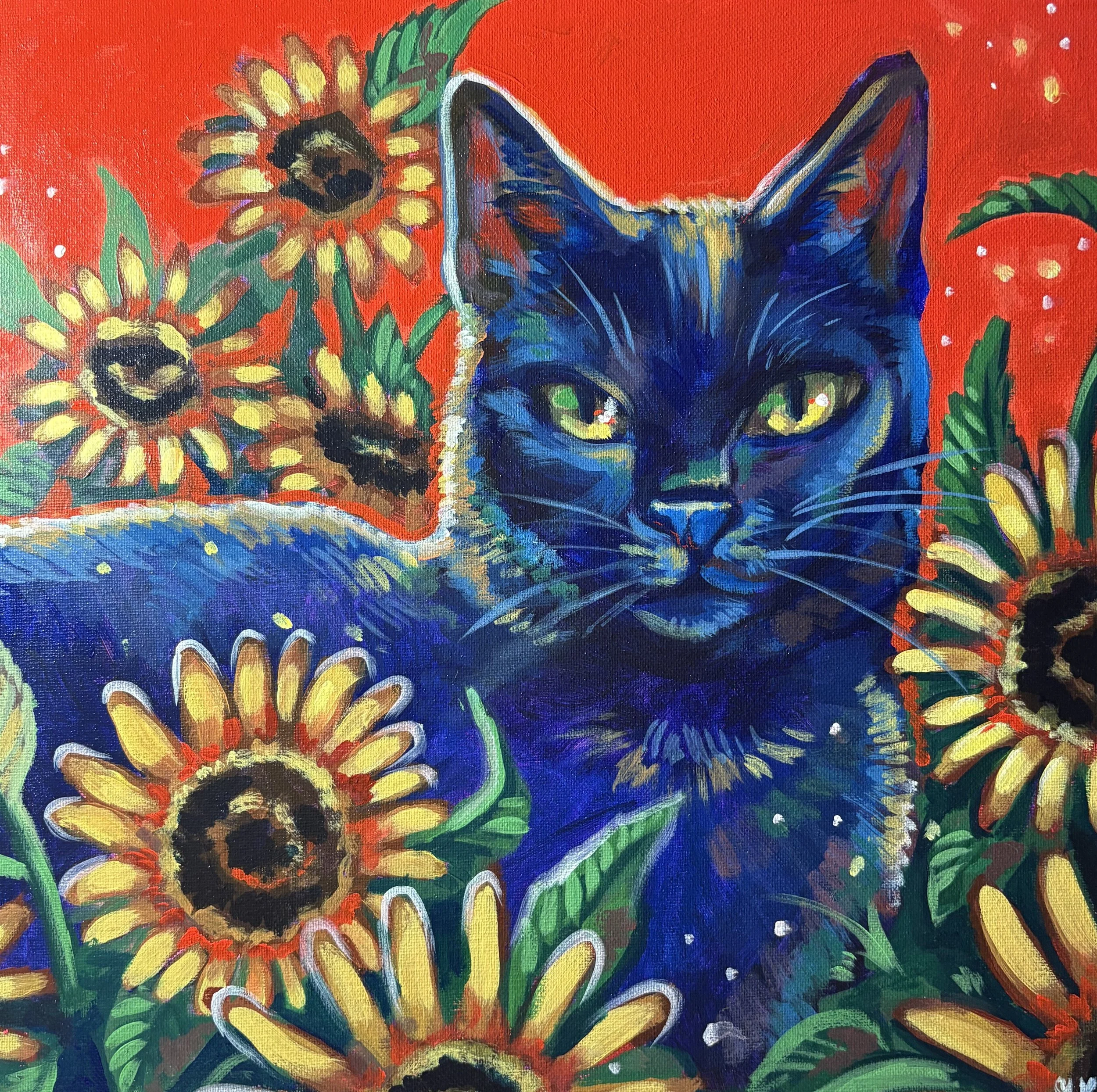 Colorful painting of a black cat surrounded by sunflowers with a red background.