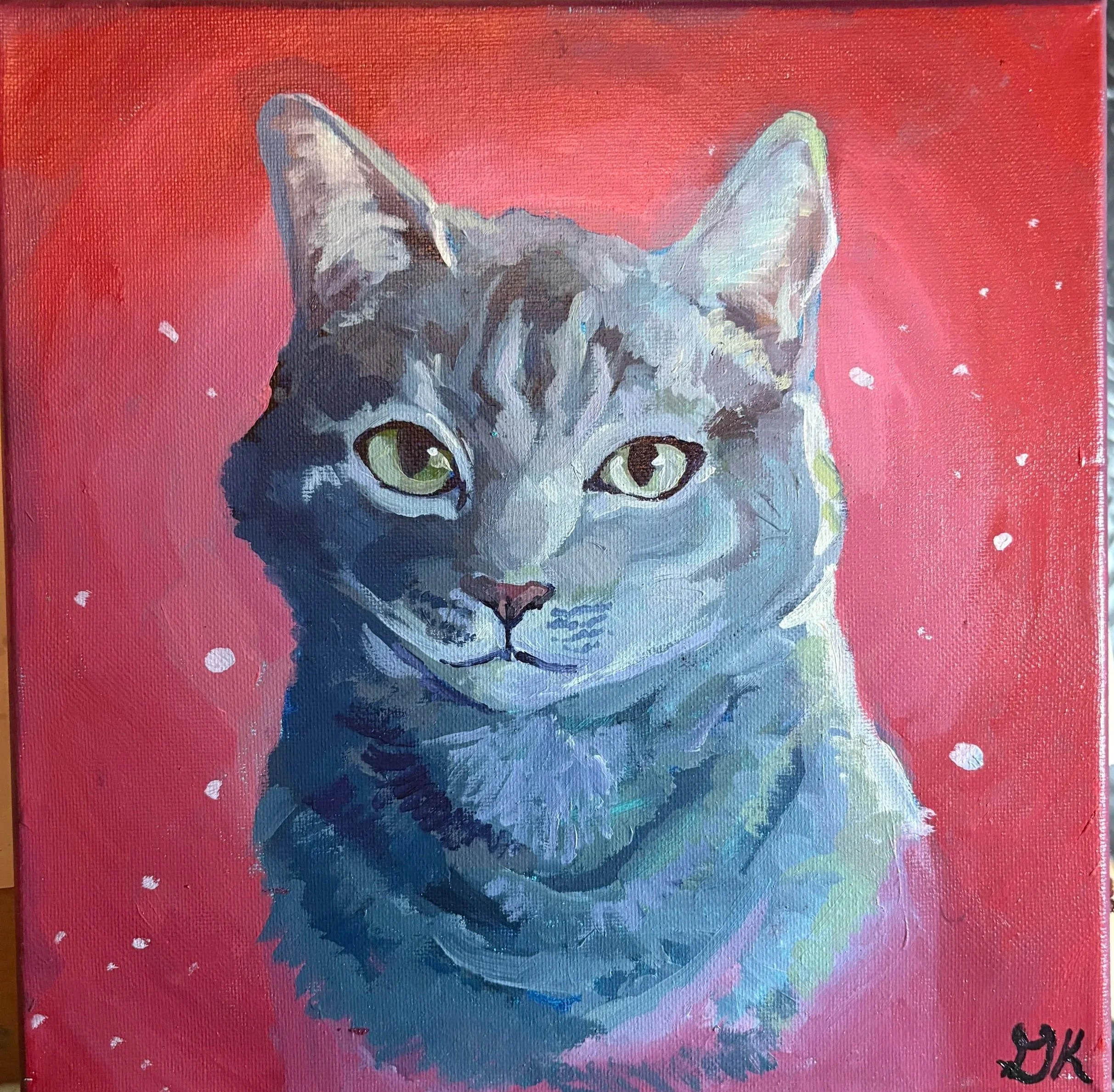 Painting of a gray tabby cat with green eyes against a pink background with white specks.