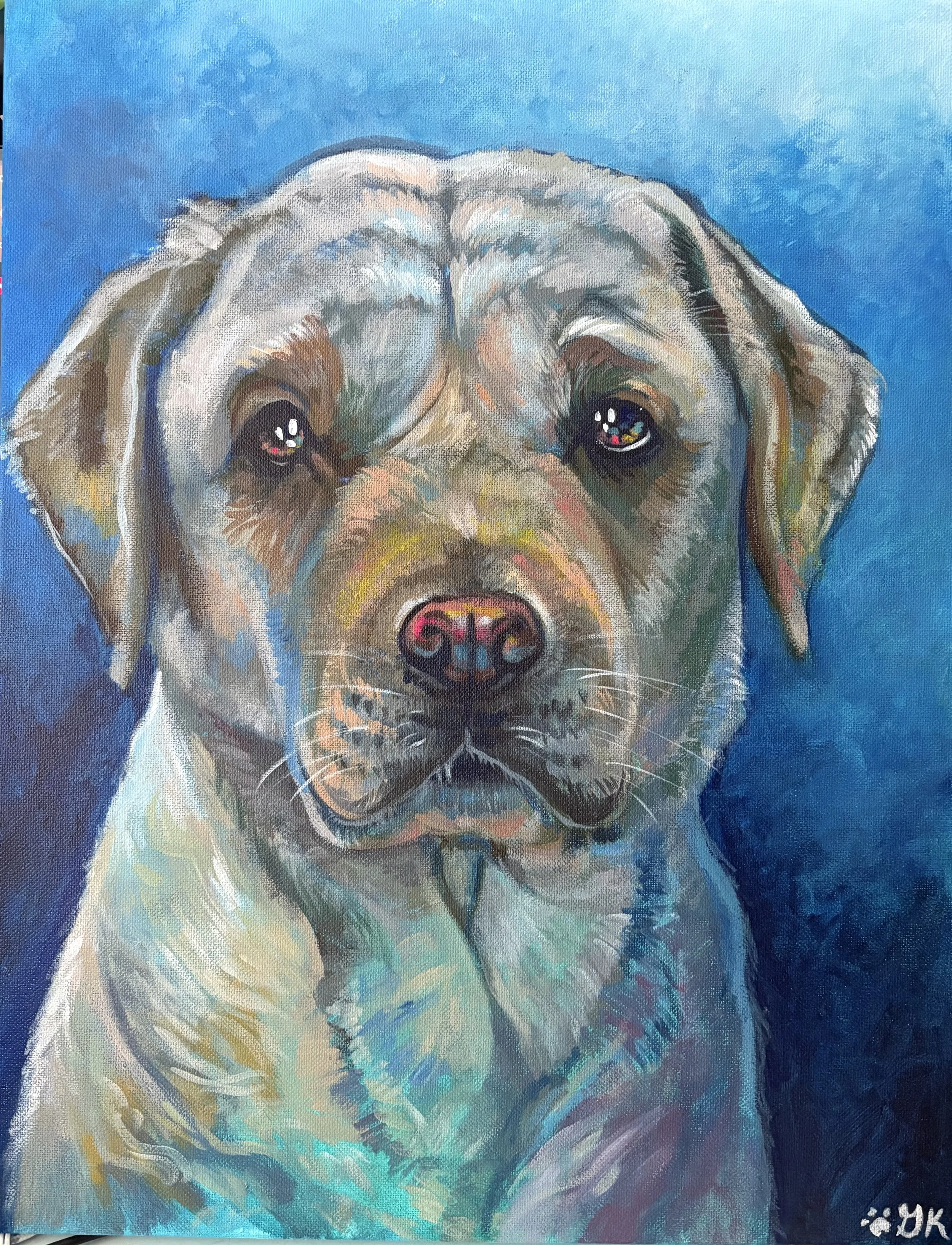 A colorful painted portrait of a dog with a blue background.