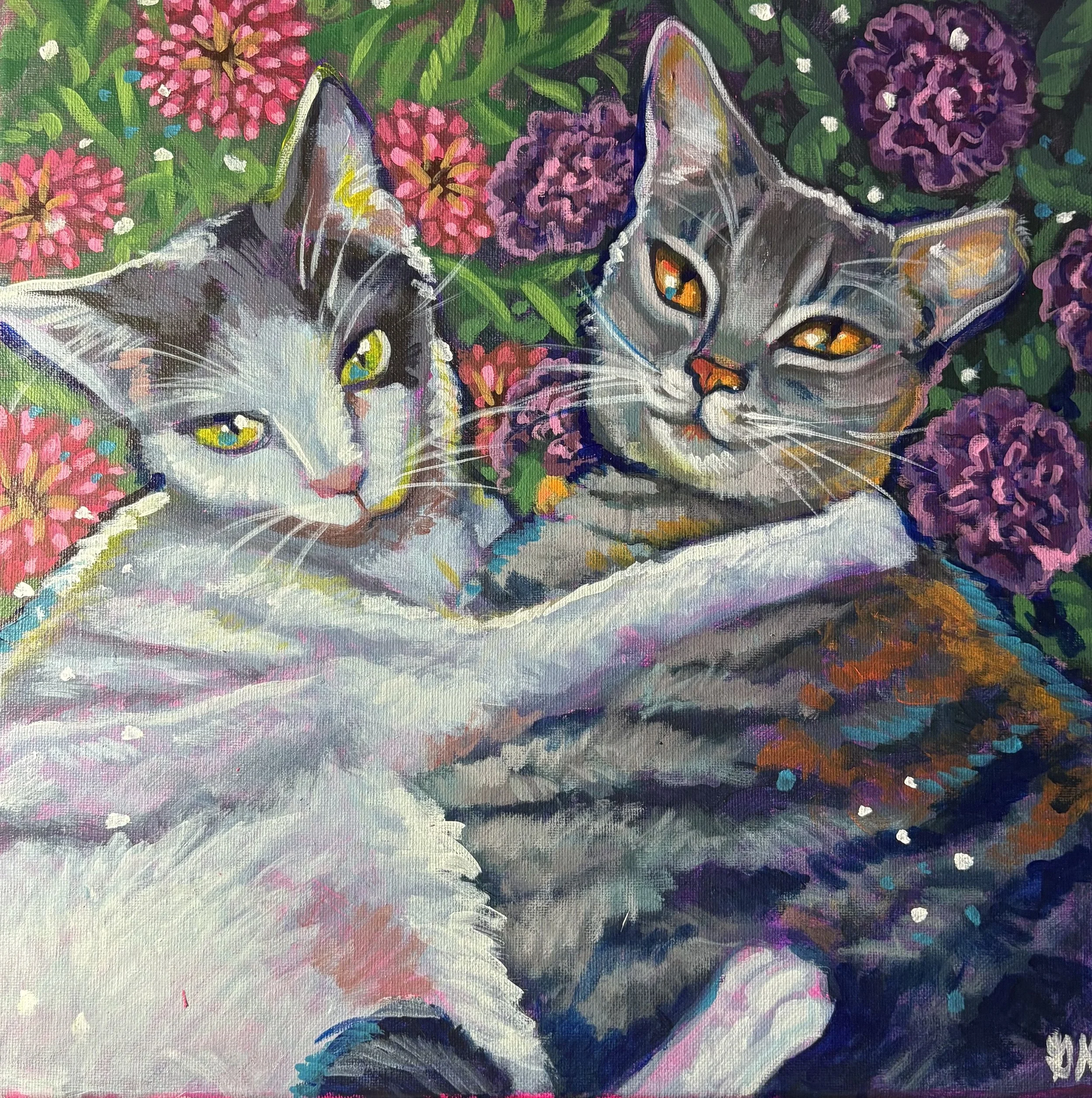 A colorful painting of two cats cuddling in a bed of pink and purple flowers.