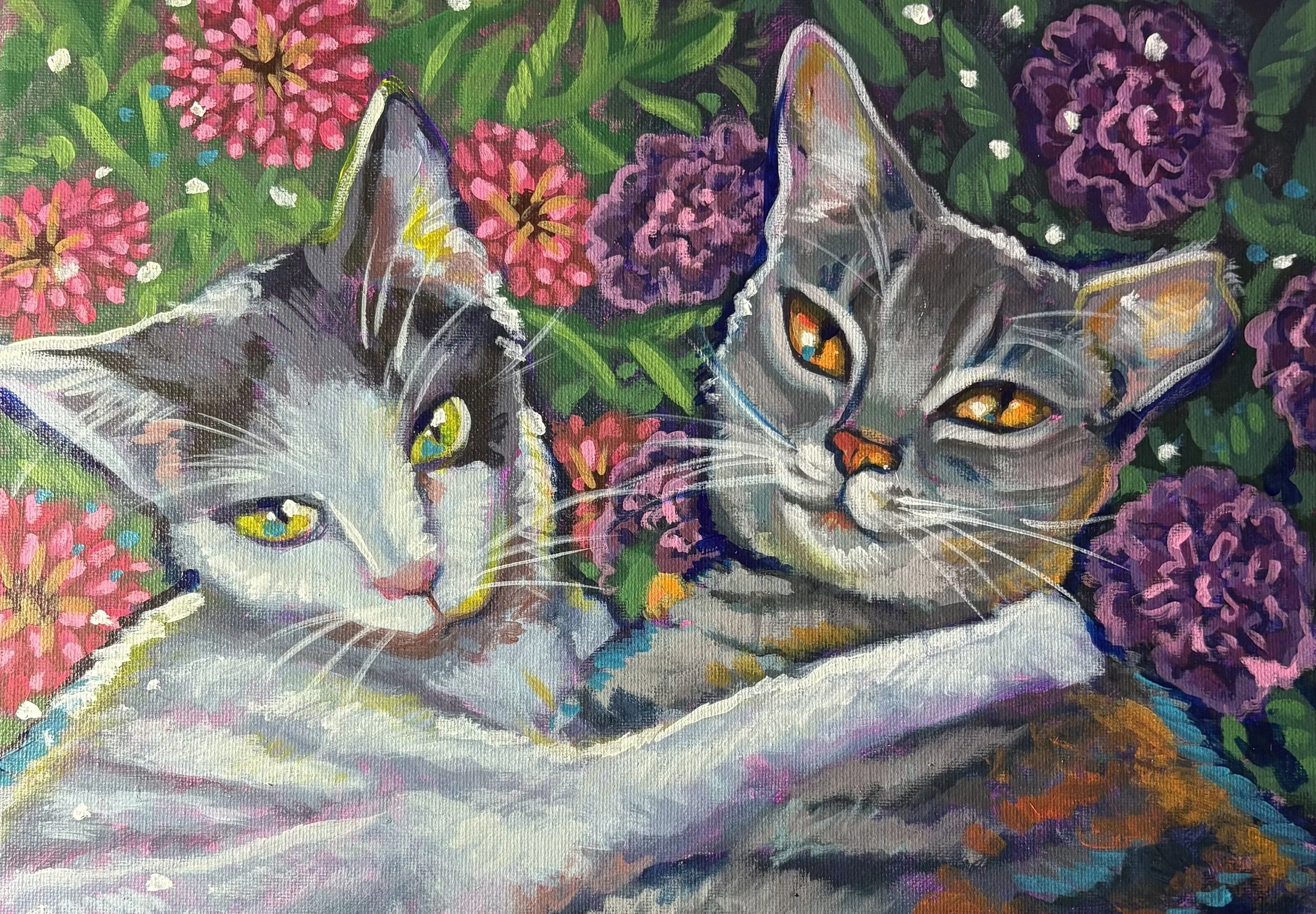 A painting of two cats surrounded by pink and purple flowers with green leaves.