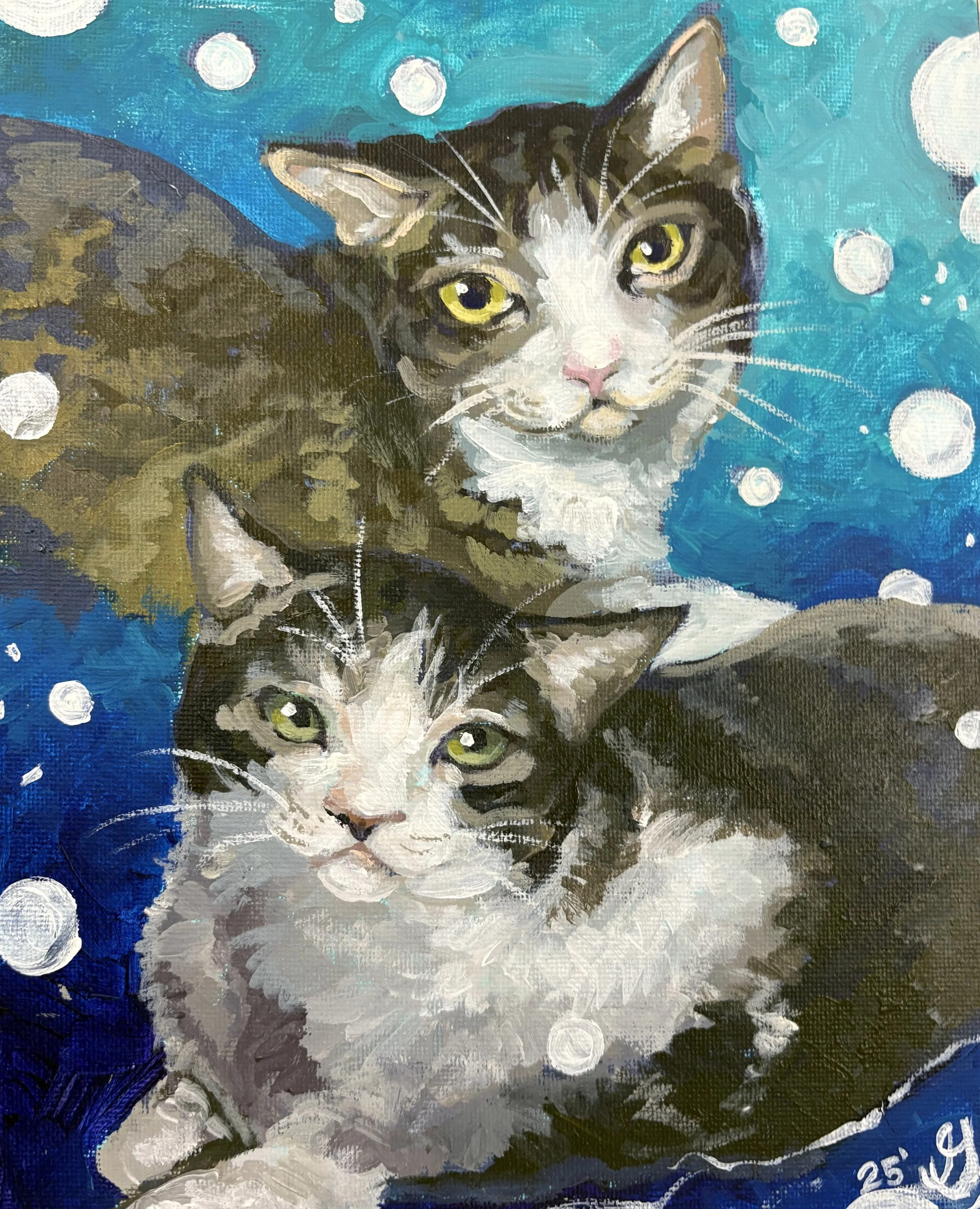 Painting of two black and white cats with yellow eyes against a blue background with white circles.