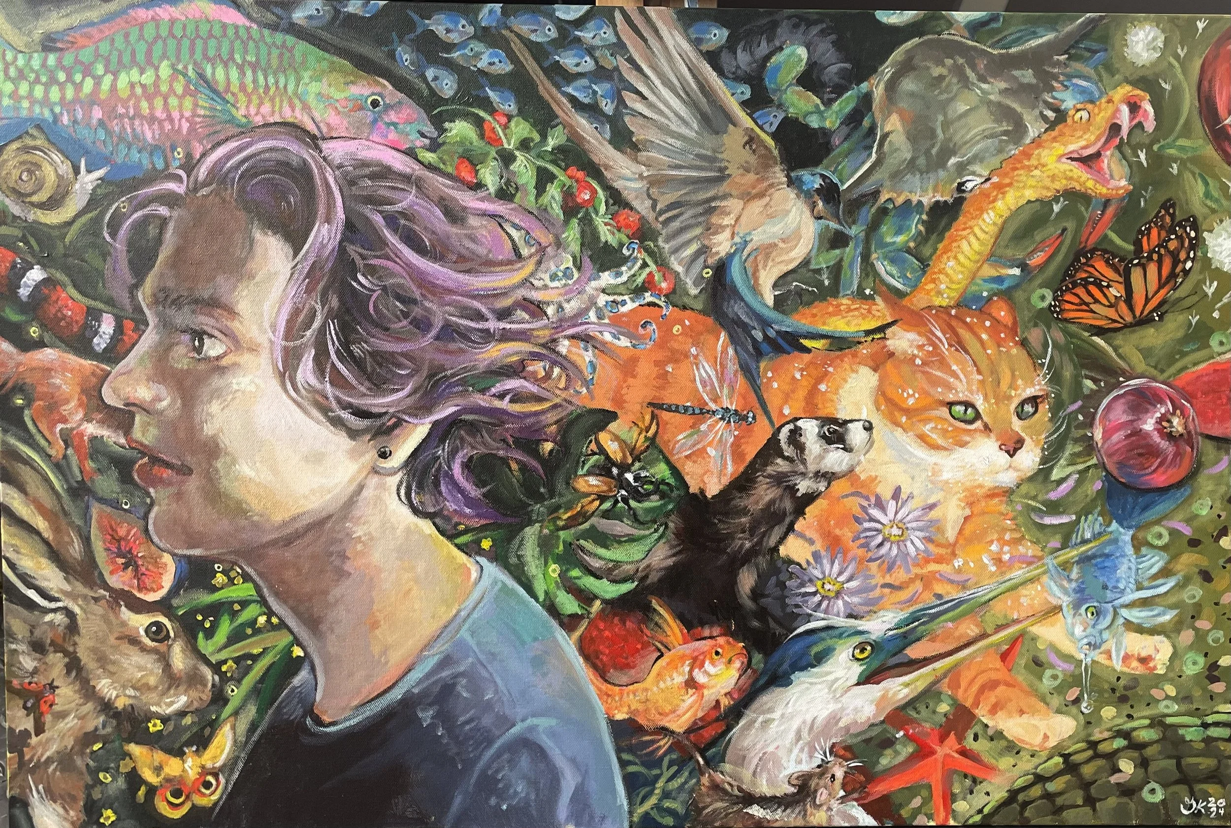 Colorful painting of a woman's face surrounded by various animals and nature elements including a cat, fish, bird, butterfly, rabbit, and insects, with vibrant colors and intricate details.