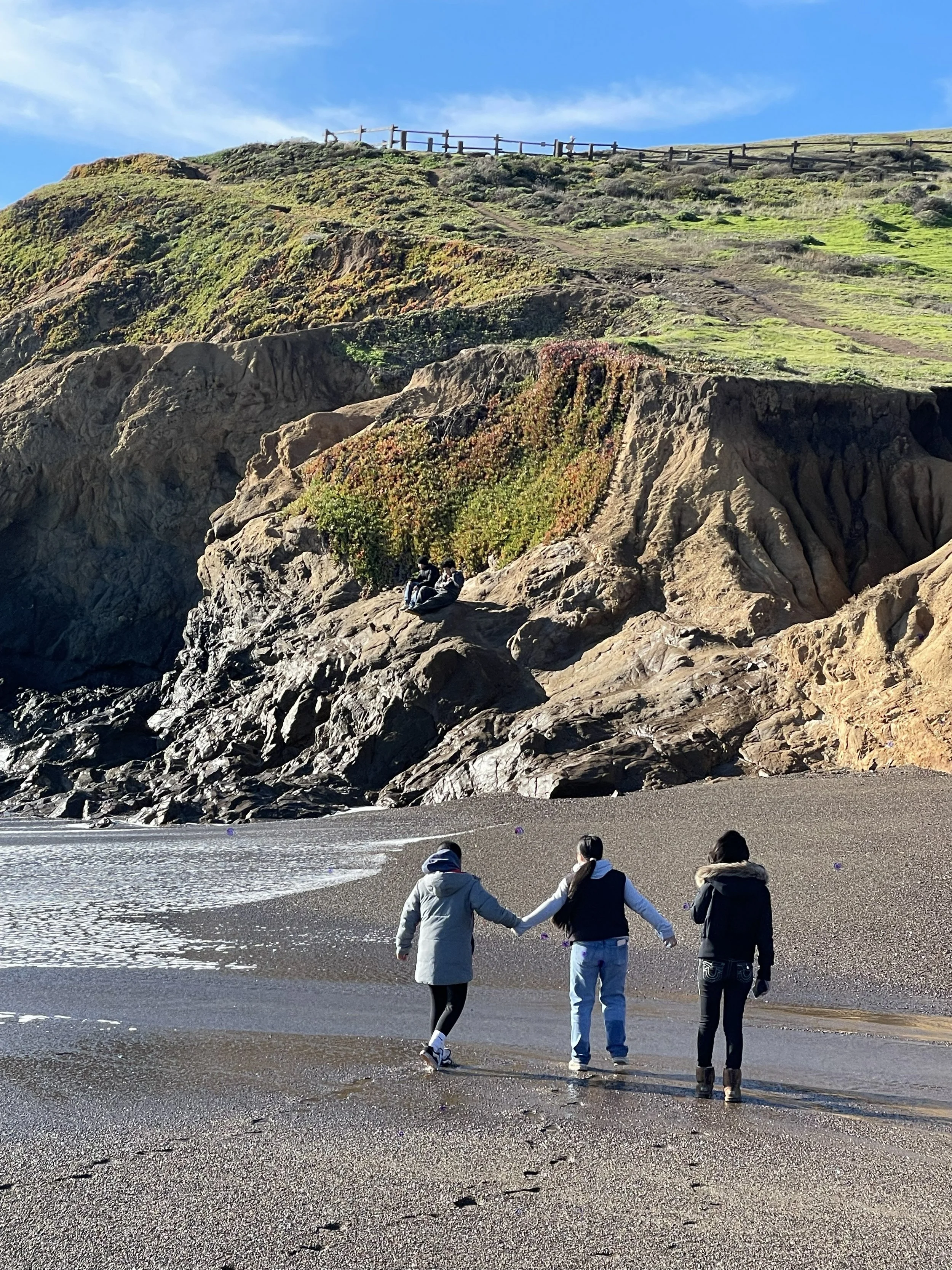 Three people walking away from the camera on a sandy beach holding hands with a rocky cliff and green hillside in the background.